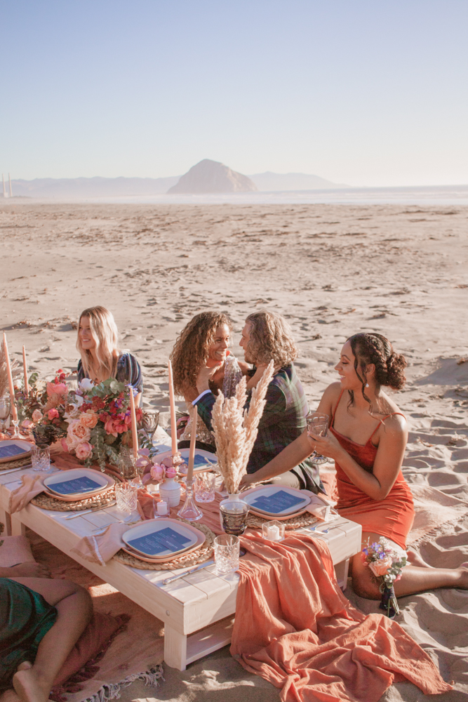 Rachel Christopherson Morro Bay Boho Beach Elopement Wedding Party Dinner Table Set Up