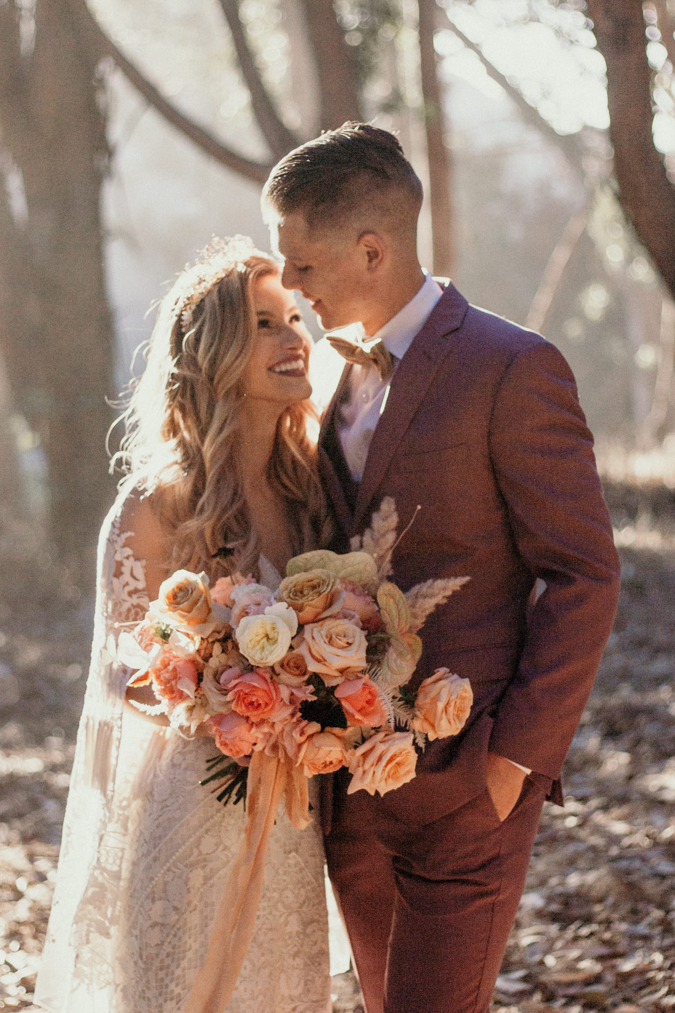 San Luis Obispo elopement Big Sur elopement San Luis Obispo boho bride and groom best San Luis Obispo outdoor elopement location California forest elopement boho wedding dress Inspo California dream elopement location boho suit for groom boho wedding bouquet best San Luis Obispo elopement location bridal tiara SLO elopement Rachel Christopherson photography