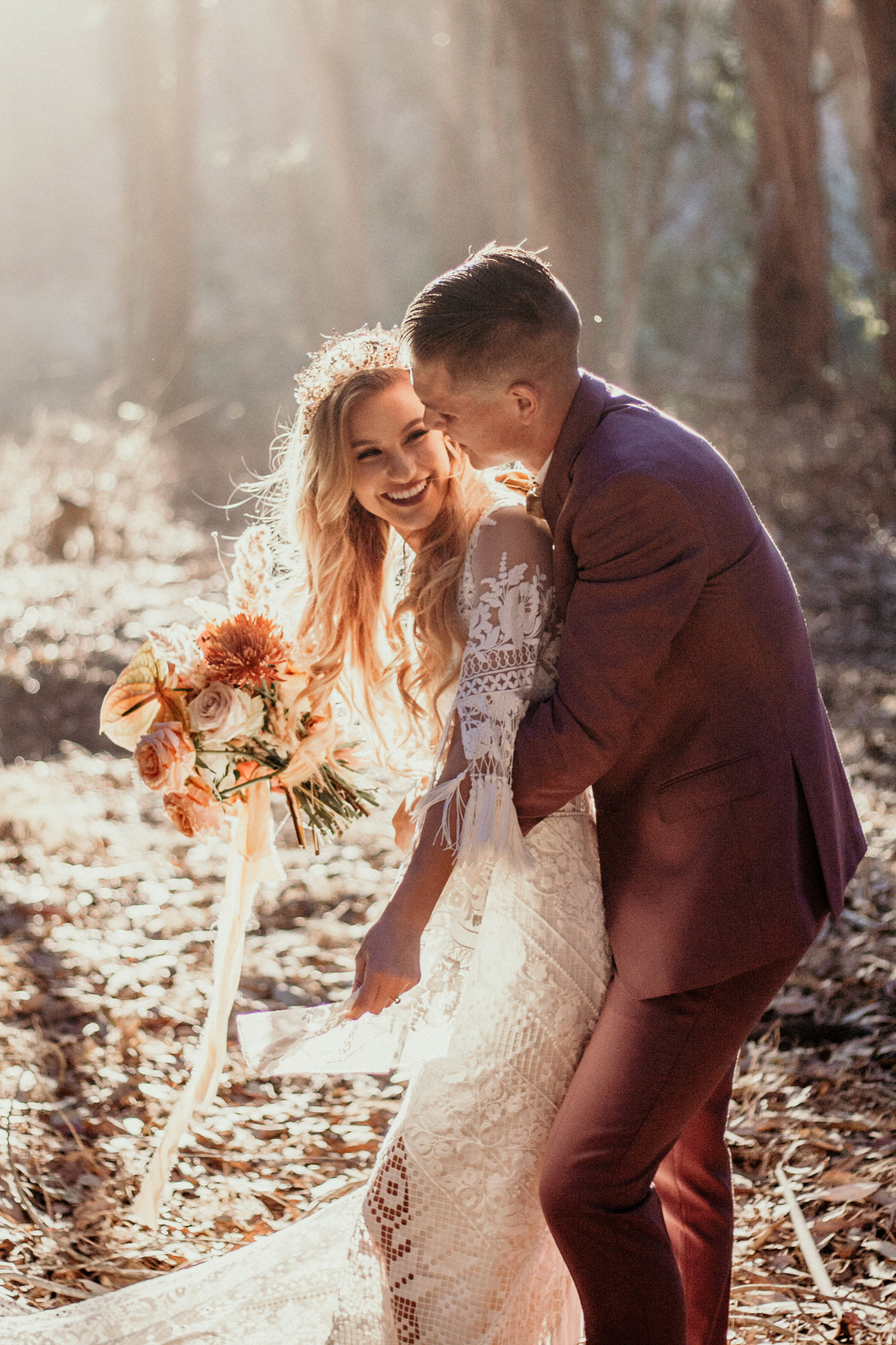 San Luis Obispo elopement Big Sur elopement San Luis Obispo boho bride and groom best San Luis Obispo outdoor elopement location California forest elopement boho wedding dress Inspo California dream elopement location boho suit for groom boho wedding bouquet best San Luis Obispo elopement location bridal tiara SLO elopement Rachel Christopherson photography