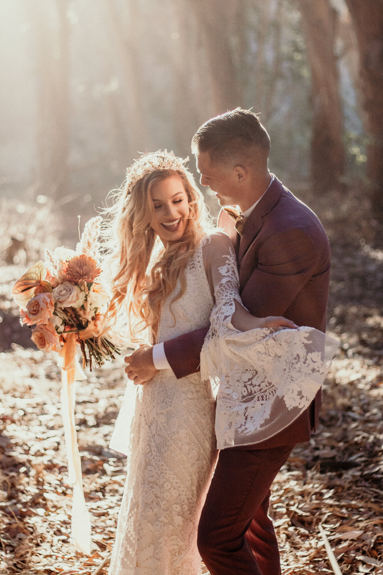 San Luis Obispo elopement Big Sur elopement San Luis Obispo boho bride and groom best San Luis Obispo outdoor elopement location California forest elopement boho wedding dress Inspo California dream elopement location boho suit for groom boho wedding bouquet best San Luis Obispo elopement location bridal tiara SLO elopement Rachel Christopherson photography