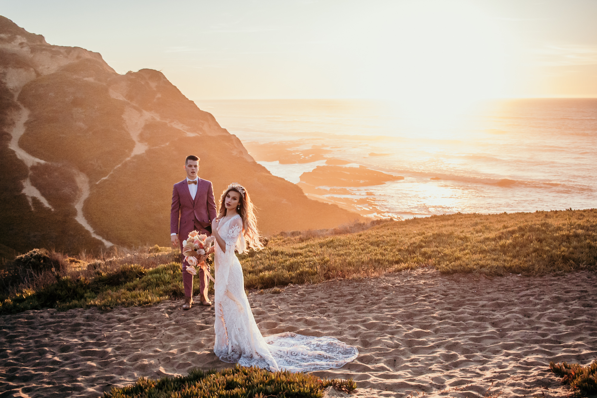 San Luis Obispo beach elopement Big Sur elopement San Luis Obispo boho bride and groom best San Luis Obispo outdoor elopement location California beach elopement boho wedding dress Inspo California dream elopement location boho suit for groom boho wedding bouquet best San Luis Obispo elopement location bridal tiara SLO elopement Rachel Christopherson photography 