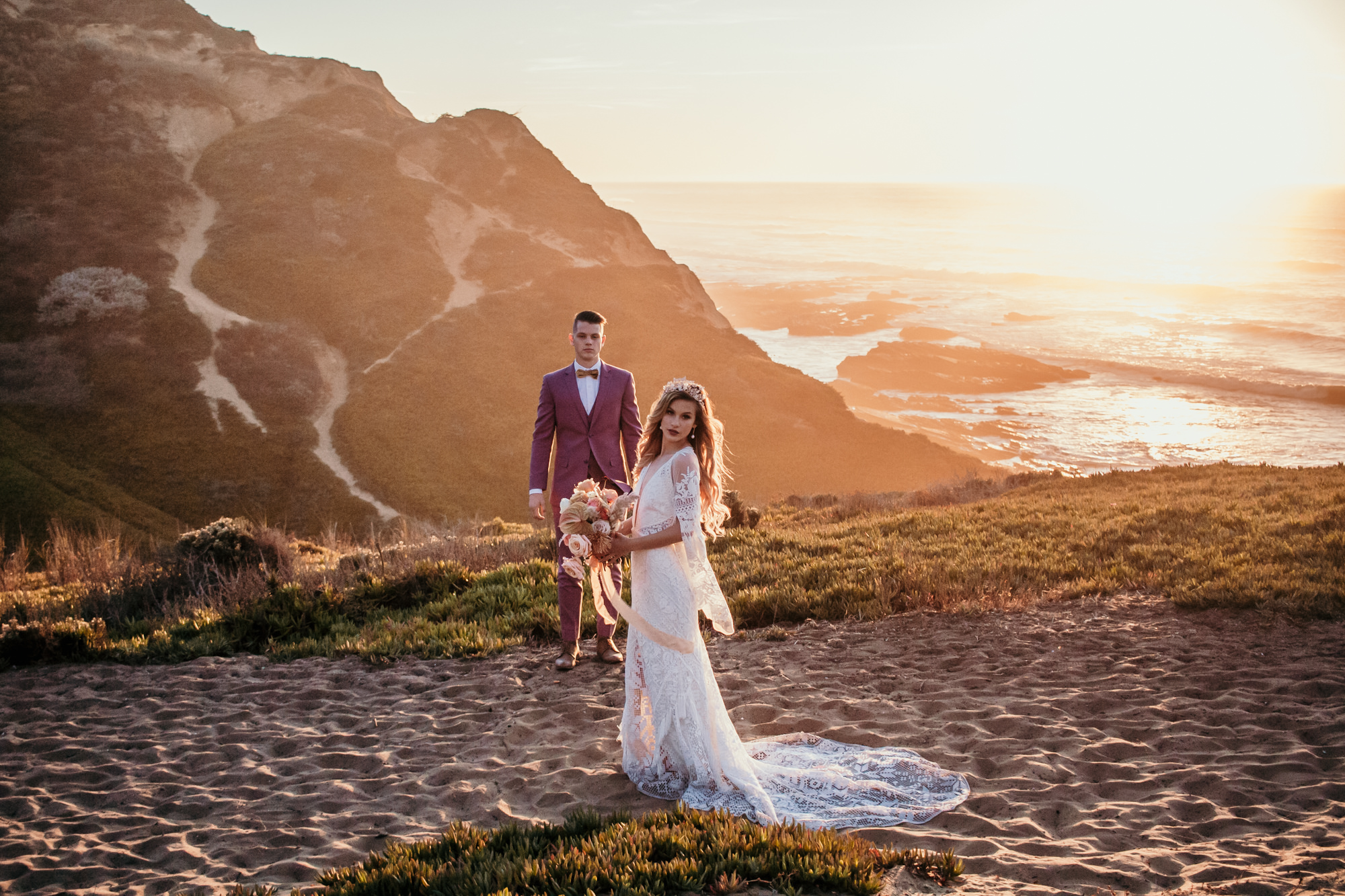 San Luis Obispo beach elopement Big Sur elopement San Luis Obispo boho bride and groom best San Luis Obispo outdoor elopement location California beach elopement boho wedding dress Inspo California dream elopement location boho suit for groom boho wedding bouquet best San Luis Obispo elopement location bridal tiara SLO elopement Rachel Christopherson photography 