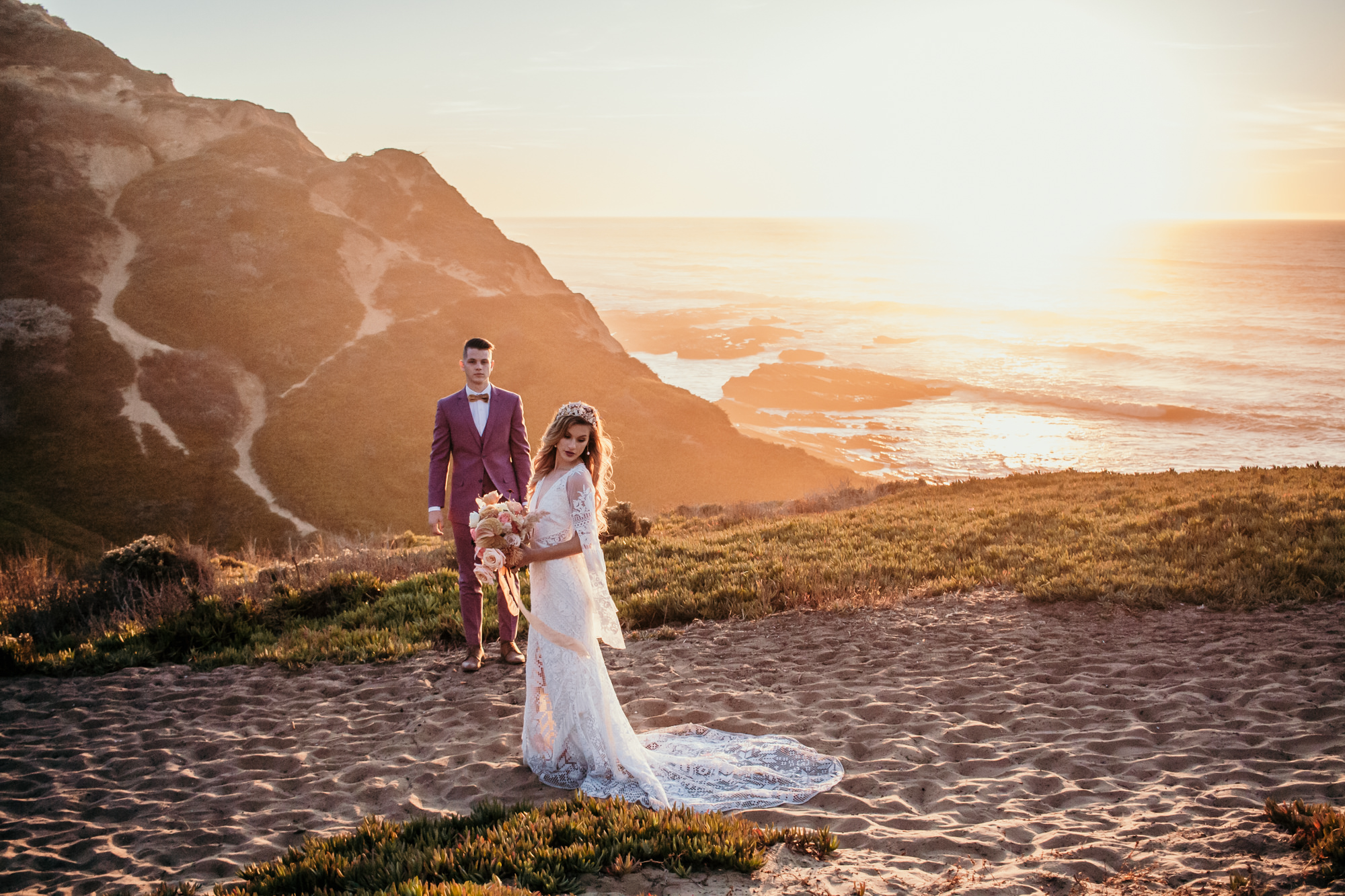 San Luis Obispo beach elopement Big Sur elopement San Luis Obispo boho bride and groom best San Luis Obispo outdoor elopement location California beach elopement boho wedding dress Inspo California dream elopement location boho suit for groom boho wedding bouquet best San Luis Obispo elopement location bridal tiara SLO elopement Rachel Christopherson photography 