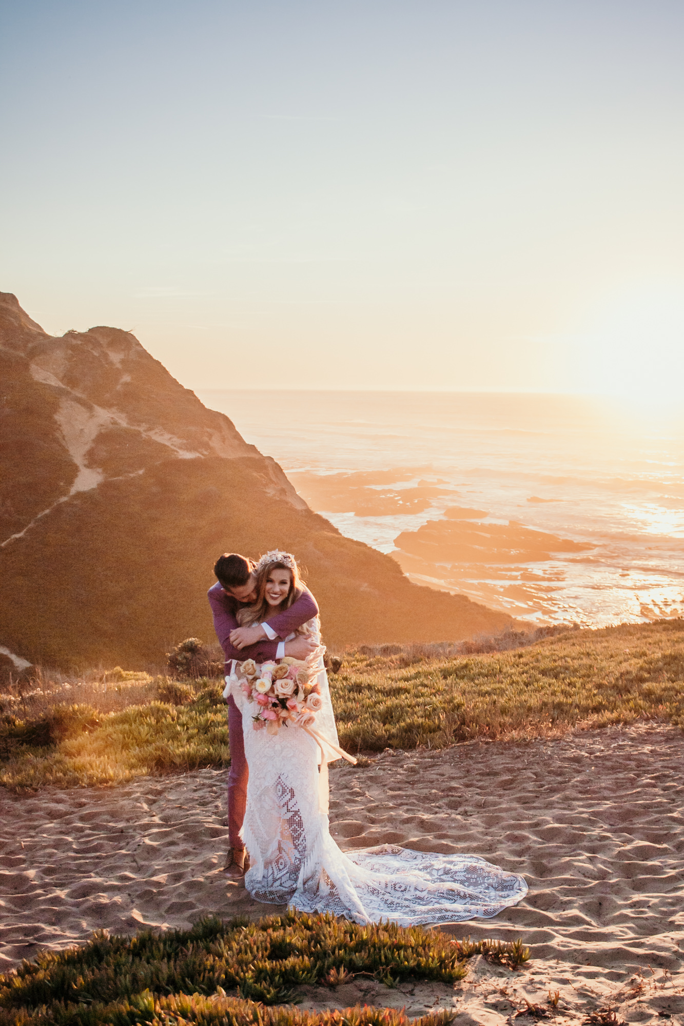 San Luis Obispo beach elopement Big Sur elopement San Luis Obispo boho bride and groom best San Luis Obispo outdoor elopement location California beach elopement boho wedding dress Inspo California dream elopement location boho suit for groom boho wedding bouquet best San Luis Obispo elopement location bridal tiara SLO elopement Rachel Christopherson photography 