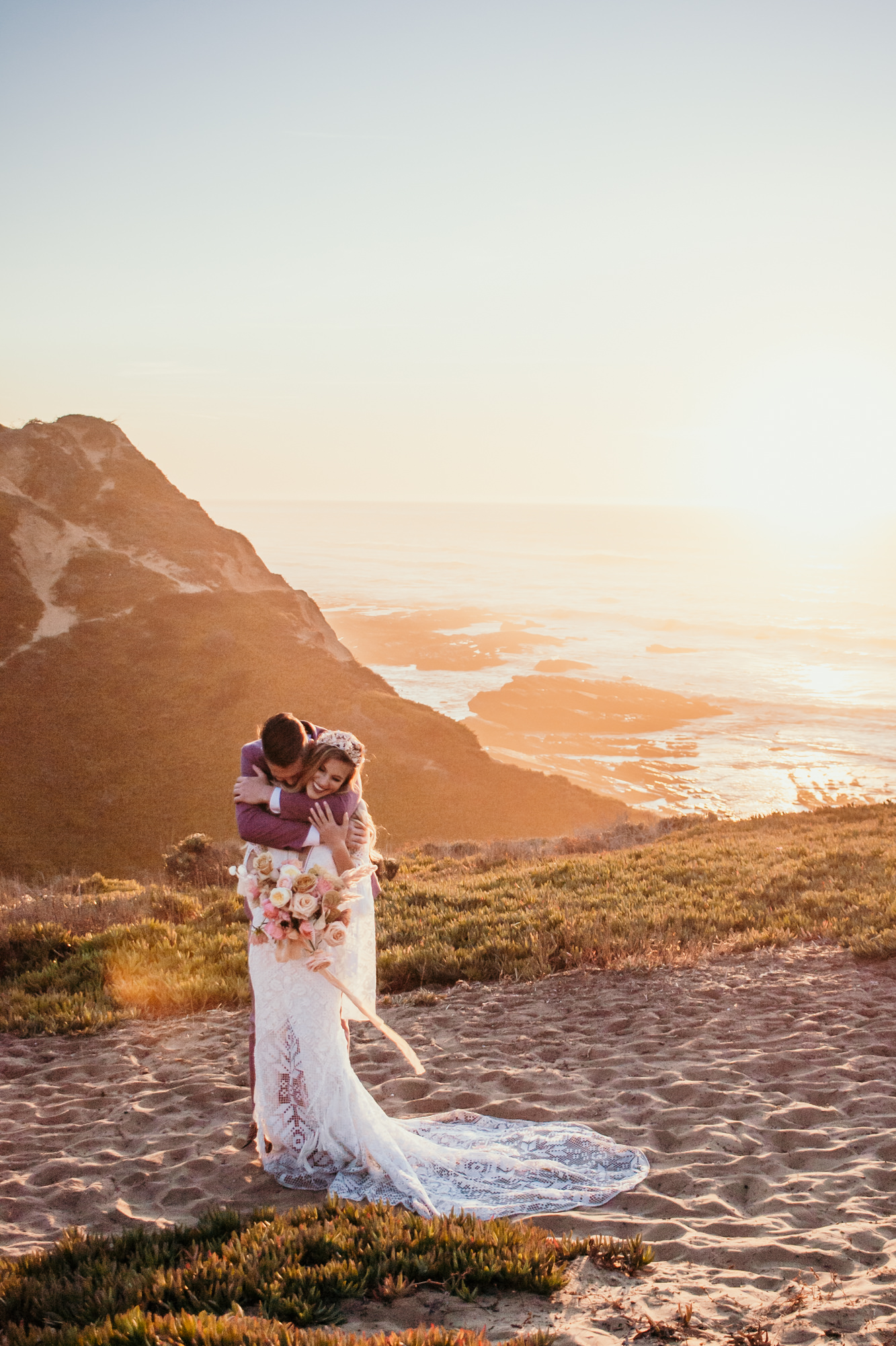 San Luis Obispo beach elopement Big Sur elopement San Luis Obispo boho bride and groom best San Luis Obispo outdoor elopement location California beach elopement boho wedding dress Inspo California dream elopement location boho suit for groom boho wedding bouquet best San Luis Obispo elopement location bridal tiara SLO elopement Rachel Christopherson photography 