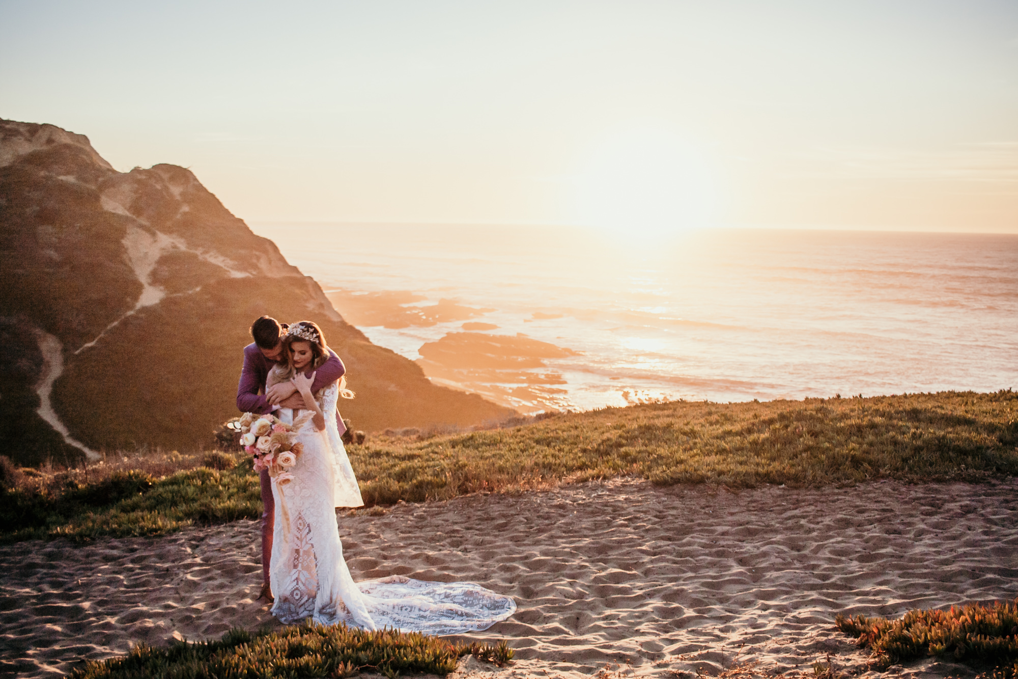 San Luis Obispo beach elopement Big Sur elopement San Luis Obispo boho bride and groom best San Luis Obispo outdoor elopement location California beach elopement boho wedding dress Inspo California dream elopement location boho suit for groom boho wedding bouquet best San Luis Obispo elopement location bridal tiara SLO elopement Rachel Christopherson photography 