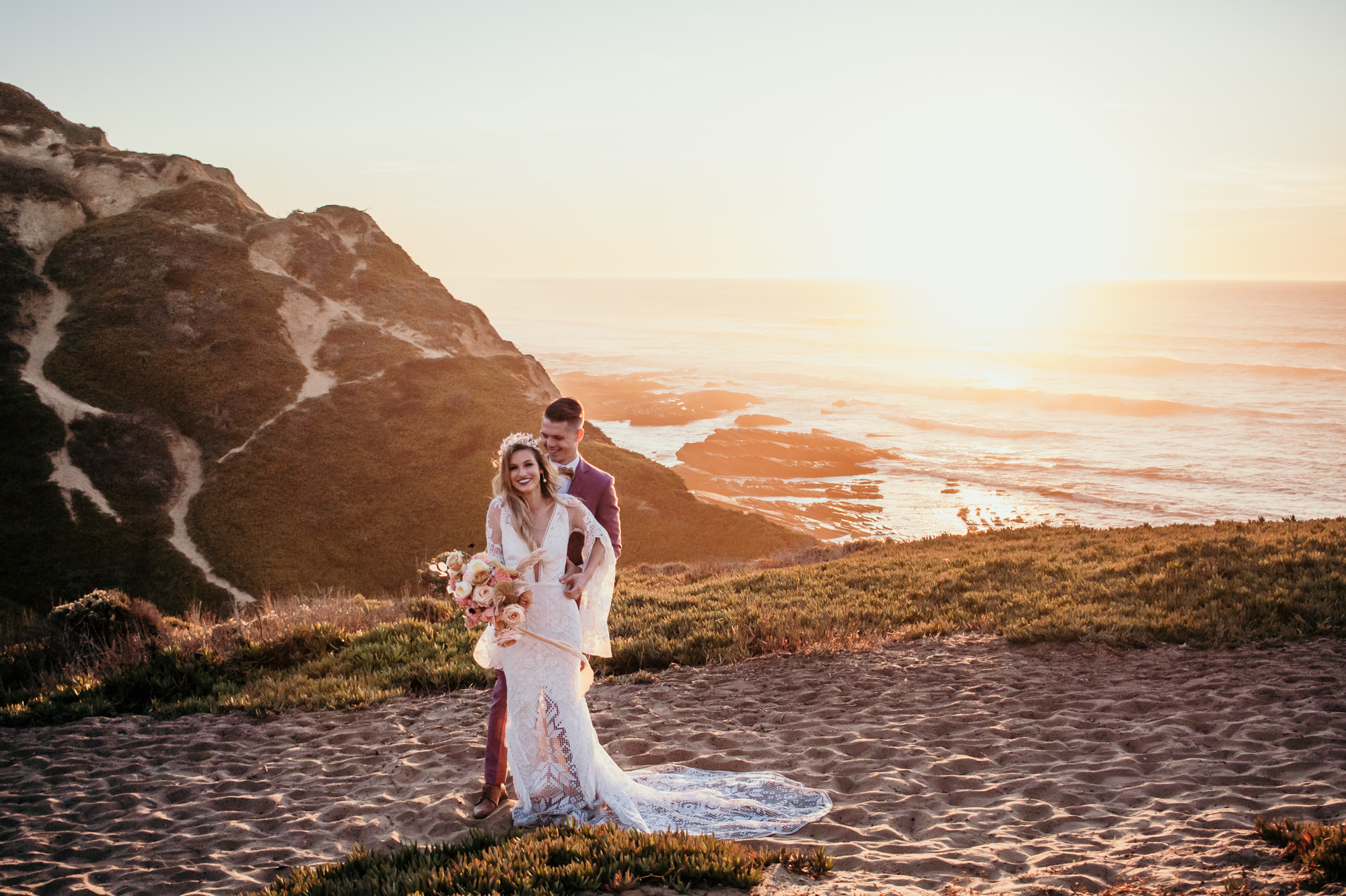 San Luis Obispo beach elopement Big Sur elopement San Luis Obispo boho bride and groom best San Luis Obispo outdoor elopement location California beach elopement boho wedding dress Inspo California dream elopement location boho suit for groom boho wedding bouquet best San Luis Obispo elopement location bridal tiara SLO elopement Rachel Christopherson photography 