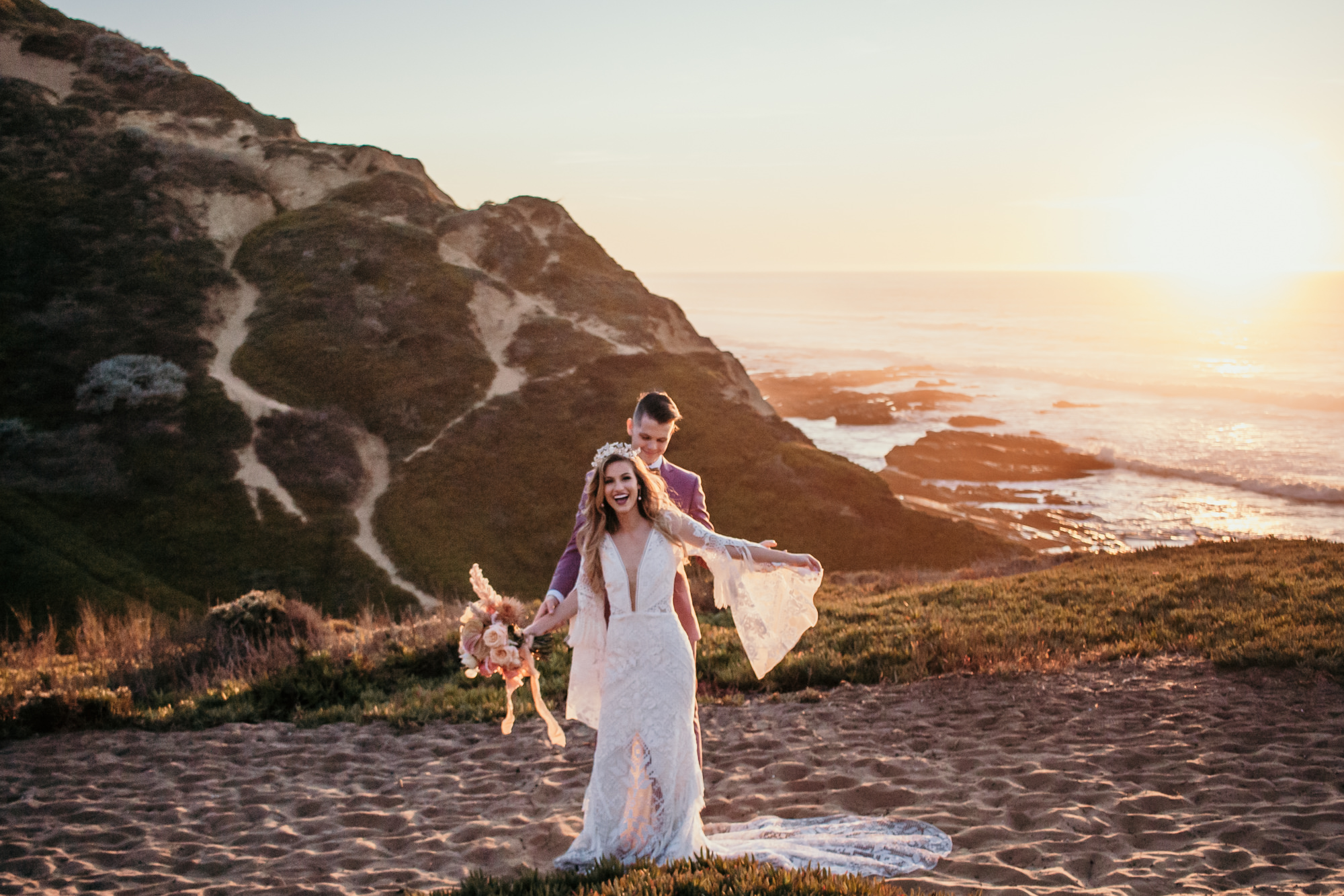 San Luis Obispo beach elopement Big Sur elopement San Luis Obispo boho bride and groom best San Luis Obispo outdoor elopement location California beach elopement boho wedding dress Inspo California dream elopement location boho suit for groom boho wedding bouquet best San Luis Obispo elopement location bridal tiara SLO elopement Rachel Christopherson photography 