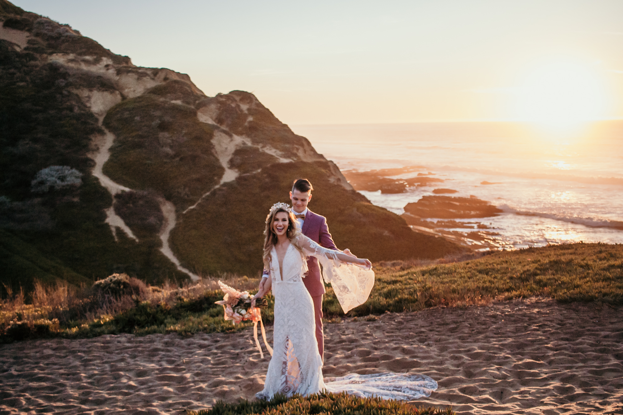 San Luis Obispo beach elopement Big Sur elopement San Luis Obispo boho bride and groom best San Luis Obispo outdoor elopement location California beach elopement boho wedding dress Inspo California dream elopement location boho suit for groom boho wedding bouquet best San Luis Obispo elopement location bridal tiara SLO elopement Rachel Christopherson photography