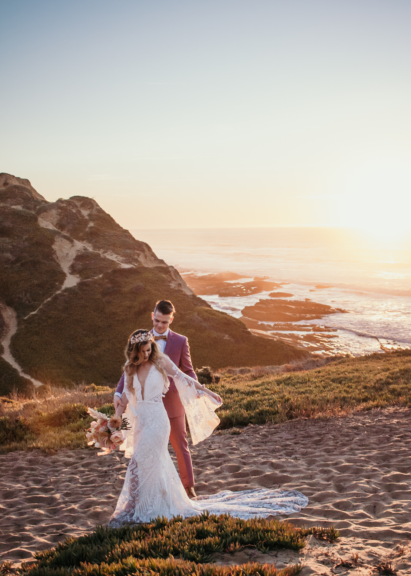 San Luis Obispo beach elopement Big Sur elopement San Luis Obispo boho bride and groom best San Luis Obispo outdoor elopement location California beach elopement boho wedding dress Inspo California dream elopement location boho suit for groom boho wedding bouquet best San Luis Obispo elopement location bridal tiara SLO elopement Rachel Christopherson photography 