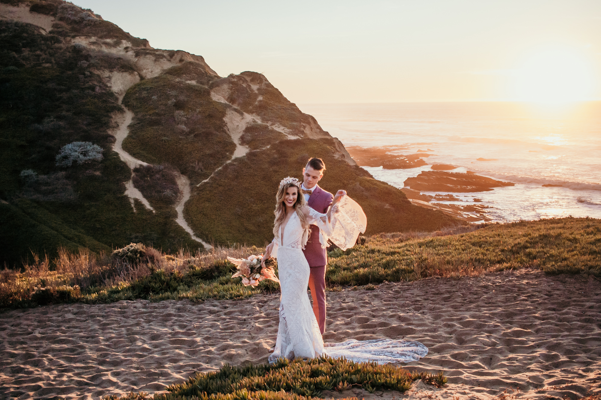 San Luis Obispo beach elopement Big Sur elopement San Luis Obispo boho bride and groom best San Luis Obispo outdoor elopement location California beach elopement boho wedding dress Inspo California dream elopement location boho suit for groom boho wedding bouquet best San Luis Obispo elopement location bridal tiara SLO elopement Rachel Christopherson photography 