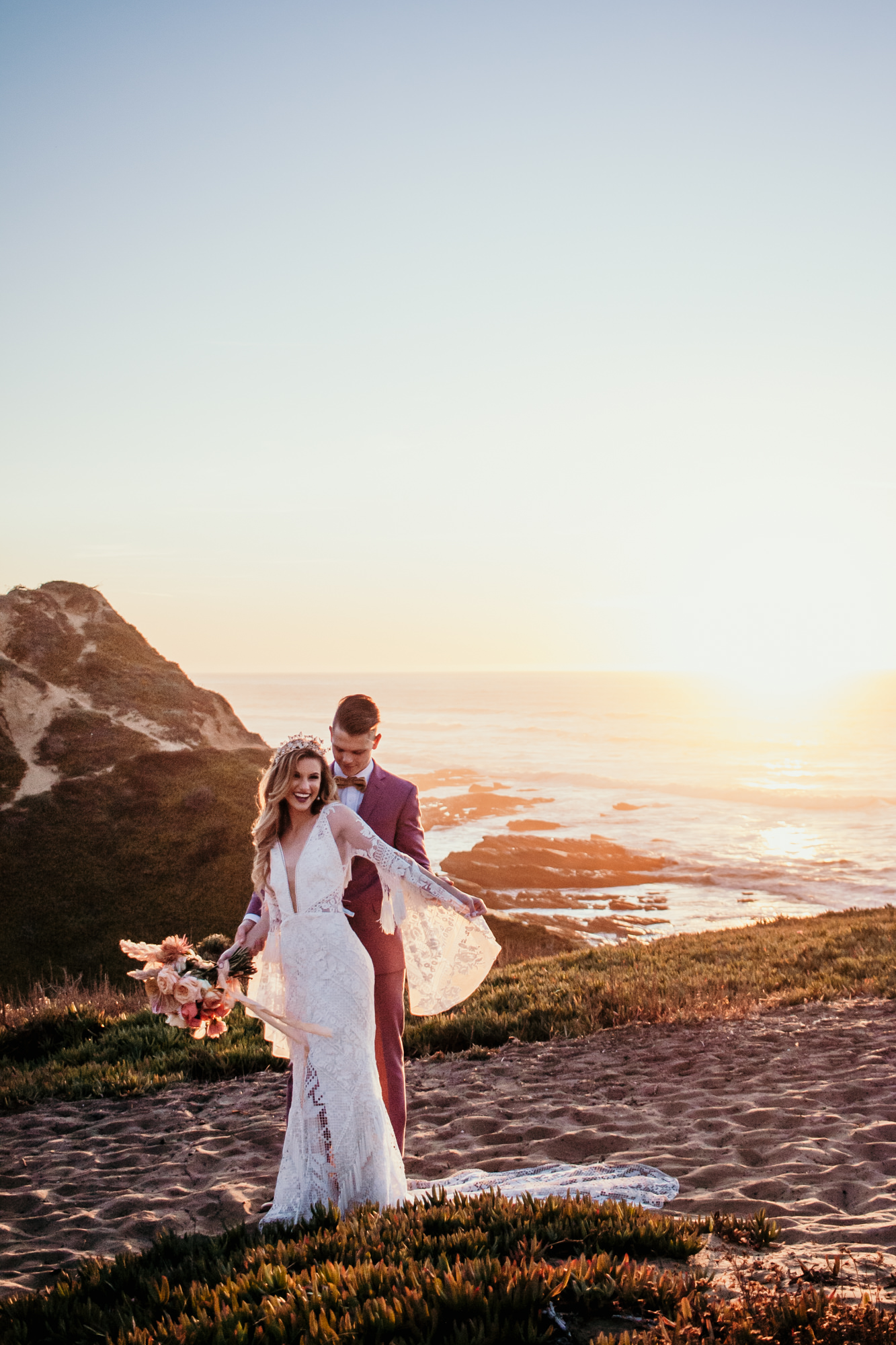 San Luis Obispo beach elopement Big Sur elopement San Luis Obispo boho bride and groom best San Luis Obispo outdoor elopement location California beach elopement boho wedding dress Inspo California dream elopement location boho suit for groom boho wedding bouquet best San Luis Obispo elopement location bridal tiara SLO elopement Rachel Christopherson photography 