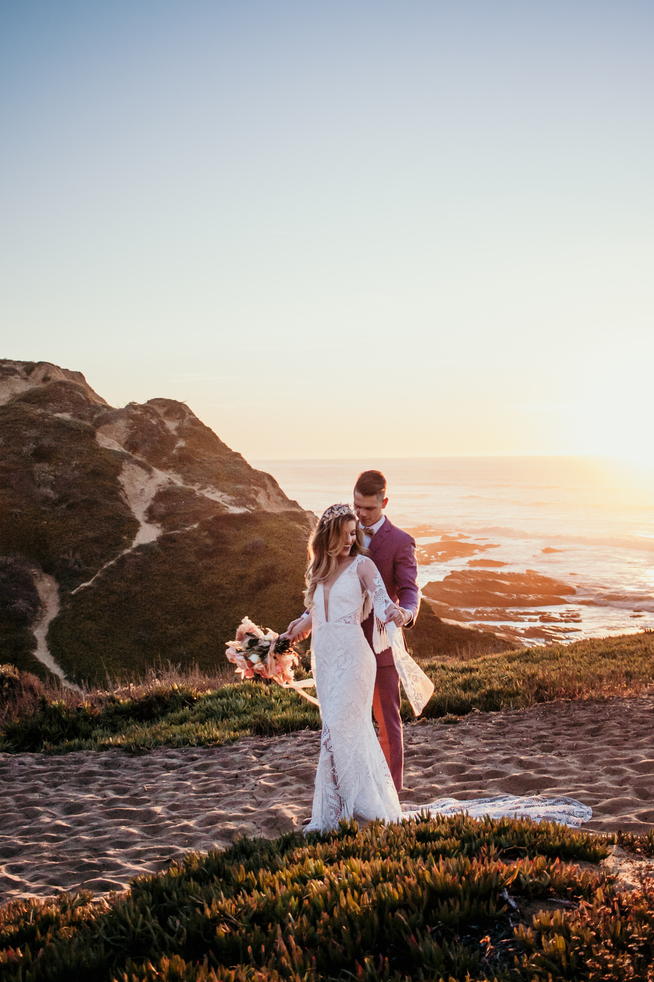 San Luis Obispo beach elopement Big Sur elopement San Luis Obispo boho bride and groom best San Luis Obispo outdoor elopement location California beach elopement boho wedding dress Inspo California dream elopement location boho suit for groom boho wedding bouquet best San Luis Obispo elopement location bridal tiara SLO elopement Rachel Christopherson photography 