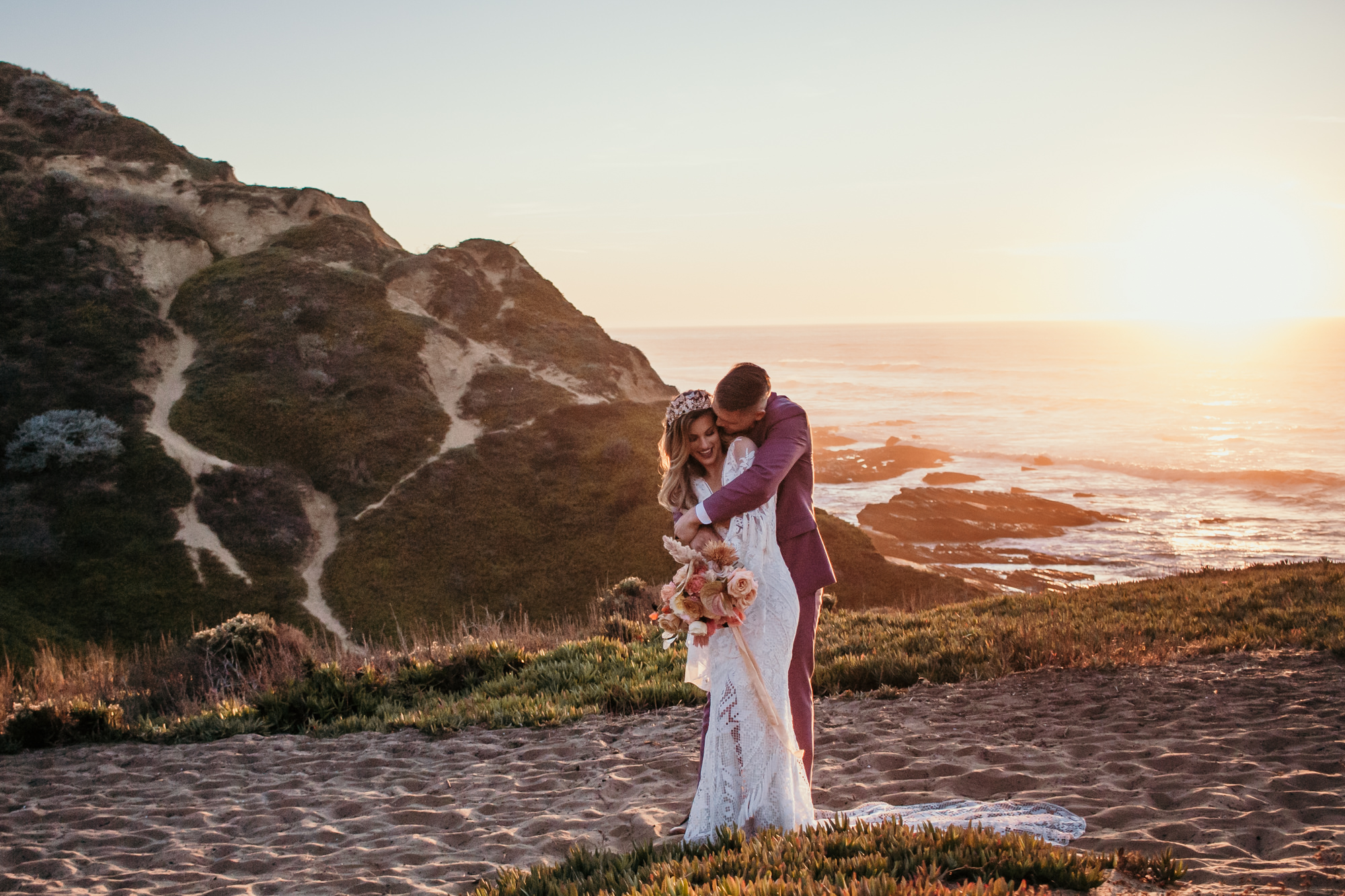 San Luis Obispo beach elopement Big Sur elopement San Luis Obispo boho bride and groom best San Luis Obispo outdoor elopement location California beach elopement boho wedding dress Inspo California dream elopement location boho suit for groom boho wedding bouquet best San Luis Obispo elopement location bridal tiara SLO elopement Rachel Christopherson photography 