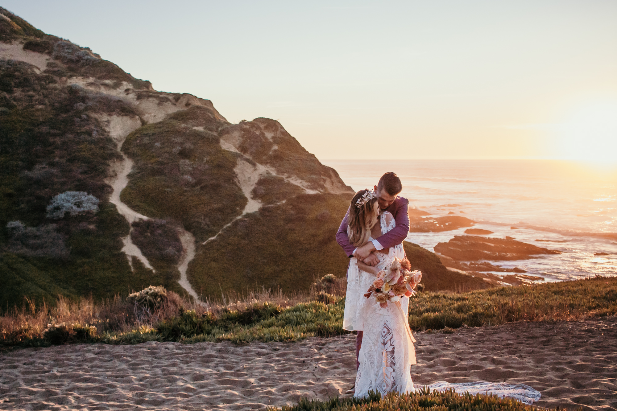 San Luis Obispo beach elopement Big Sur elopement San Luis Obispo boho bride and groom best San Luis Obispo outdoor elopement location California beach elopement boho wedding dress Inspo California dream elopement location boho suit for groom boho wedding bouquet best San Luis Obispo elopement location bridal tiara SLO elopement Rachel Christopherson photography 