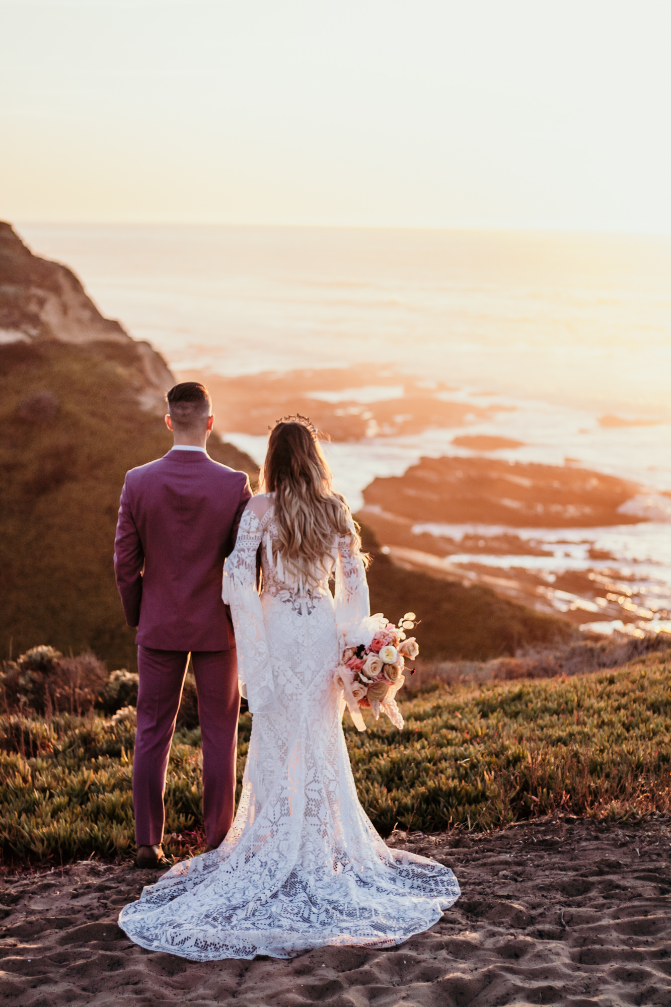 San Luis Obispo beach elopement Big Sur elopement San Luis Obispo boho bride and groom best San Luis Obispo outdoor elopement location California beach elopement boho wedding dress Inspo California dream elopement location boho suit for groom boho wedding bouquet best San Luis Obispo elopement location bridal tiara SLO elopement Rachel Christopherson photography 