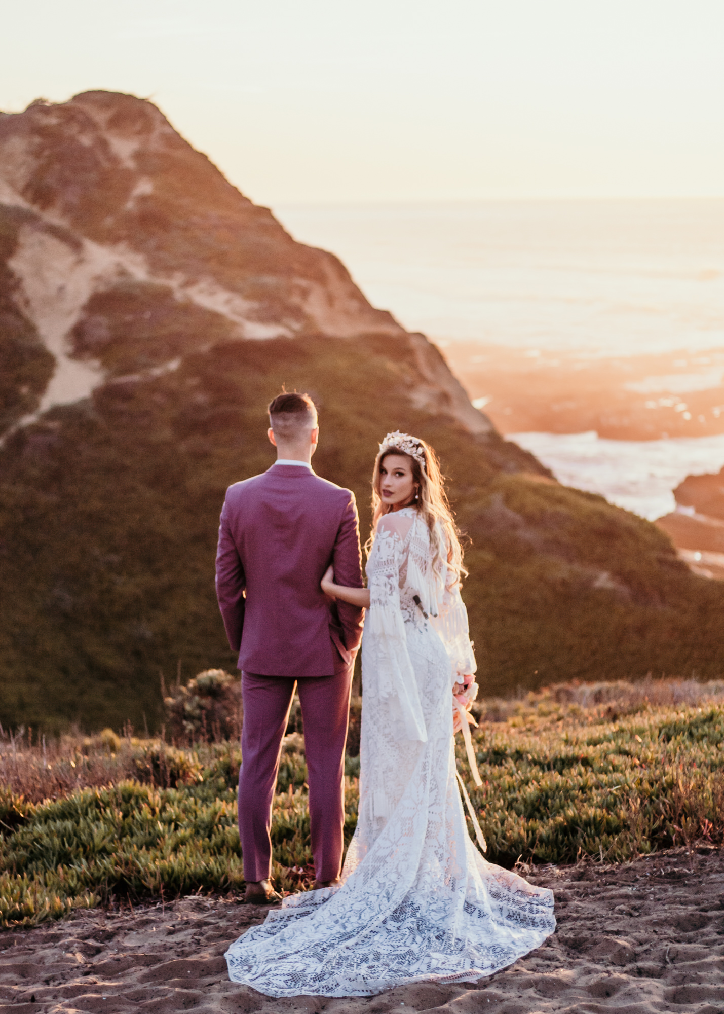 San Luis Obispo beach elopement Big Sur elopement San Luis Obispo boho bride and groom best San Luis Obispo outdoor elopement location California beach elopement boho wedding dress Inspo California dream elopement location boho suit for groom boho wedding bouquet best San Luis Obispo elopement location bridal tiara SLO elopement Rachel Christopherson photography 