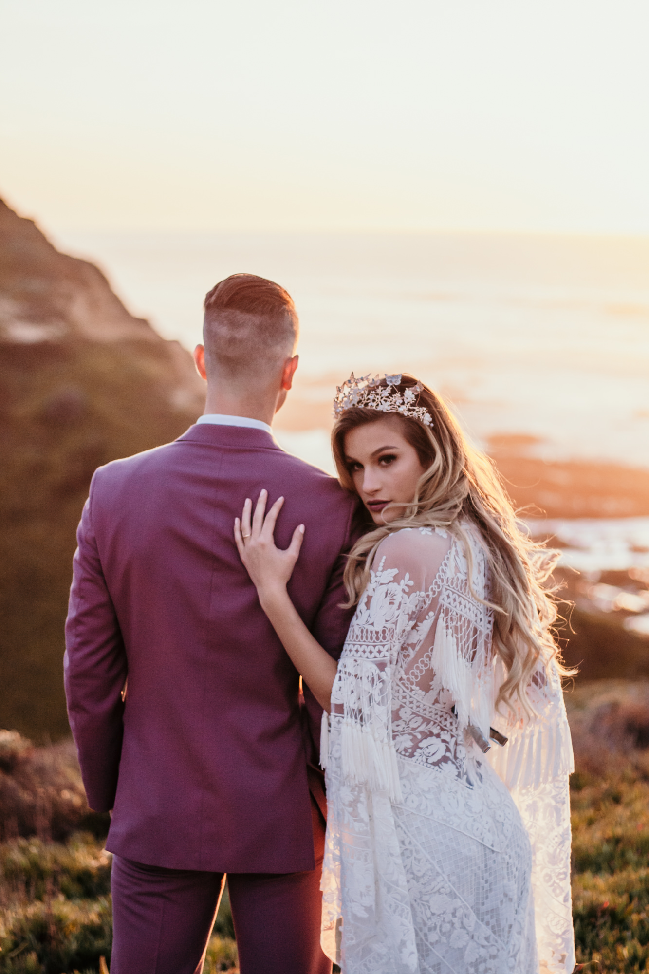 San Luis Obispo beach elopement Big Sur elopement San Luis Obispo boho bride and groom best San Luis Obispo outdoor elopement location California beach elopement boho wedding dress Inspo California dream elopement location boho suit for groom boho wedding bouquet best San Luis Obispo elopement location bridal tiara SLO elopement Rachel Christopherson photography 