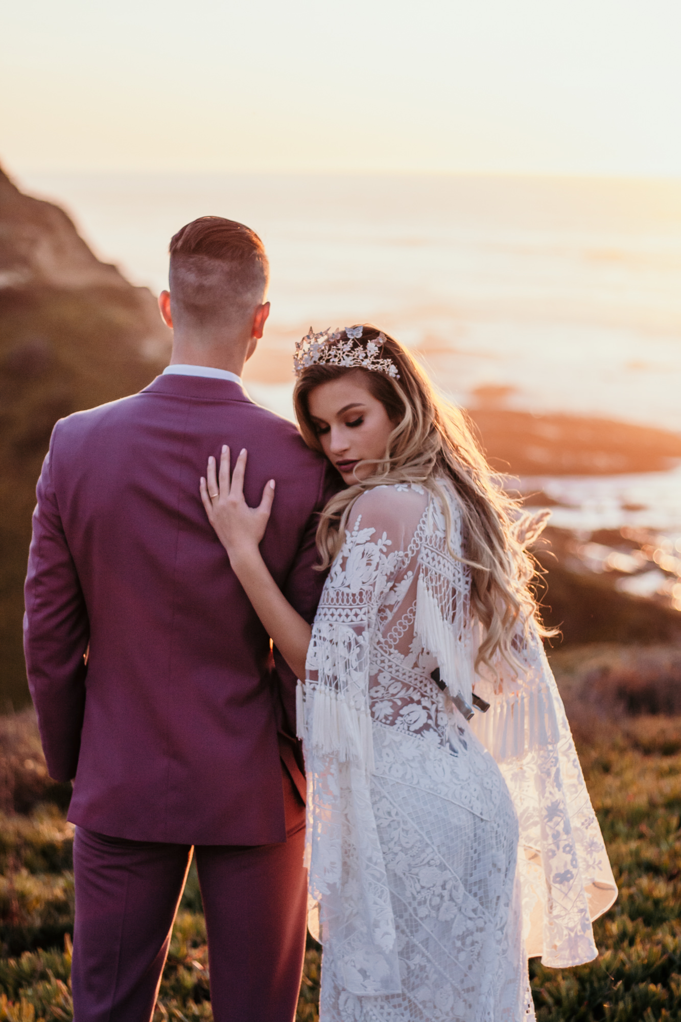 San Luis Obispo beach elopement Big Sur elopement San Luis Obispo boho bride and groom best San Luis Obispo outdoor elopement location California beach elopement boho wedding dress Inspo California dream elopement location boho suit for groom boho wedding bouquet best San Luis Obispo elopement location bridal tiara SLO elopement Rachel Christopherson photography 
