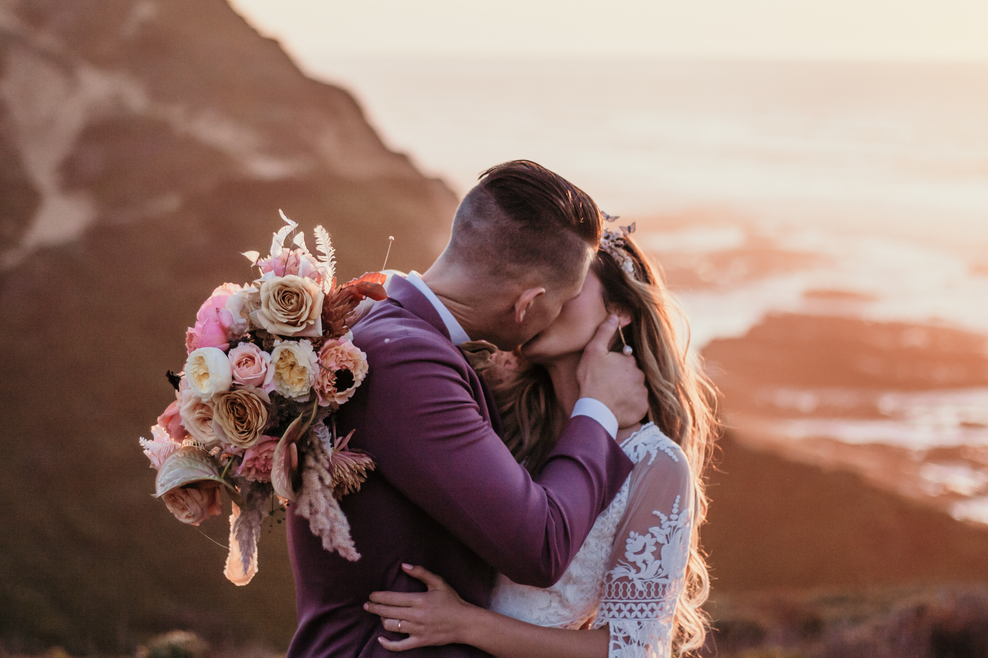 San Luis Obispo beach elopement Big Sur elopement San Luis Obispo boho bride and groom best San Luis Obispo outdoor elopement location California beach elopement boho wedding dress Inspo California dream elopement location boho suit for groom boho wedding bouquet best San Luis Obispo elopement location bridal tiara SLO elopement Rachel Christopherson photography 