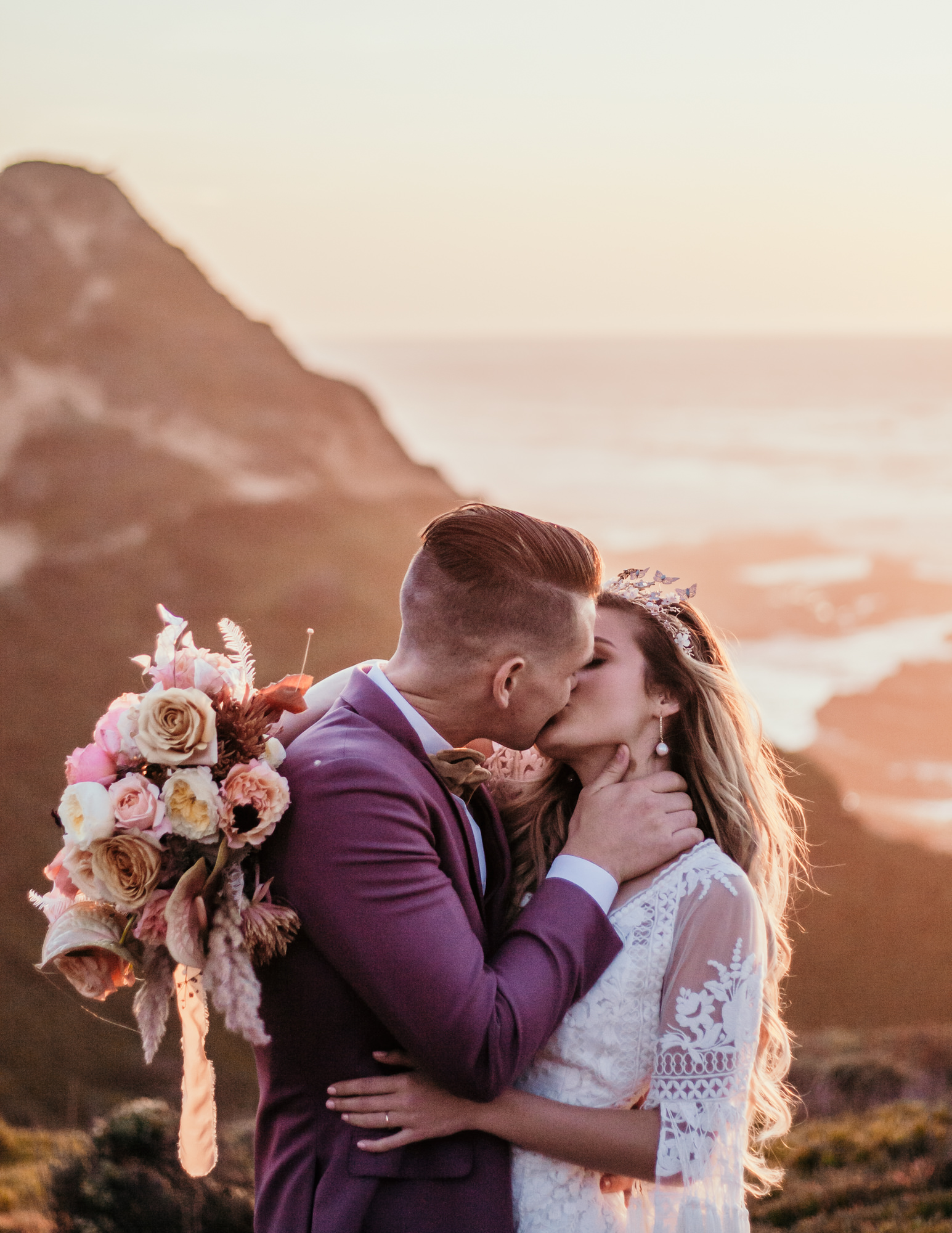San Luis Obispo beach elopement Big Sur elopement San Luis Obispo boho bride and groom best San Luis Obispo outdoor elopement location California beach elopement boho wedding dress Inspo California dream elopement location boho suit for groom boho wedding bouquet best San Luis Obispo elopement location bridal tiara SLO elopement Rachel Christopherson photography 