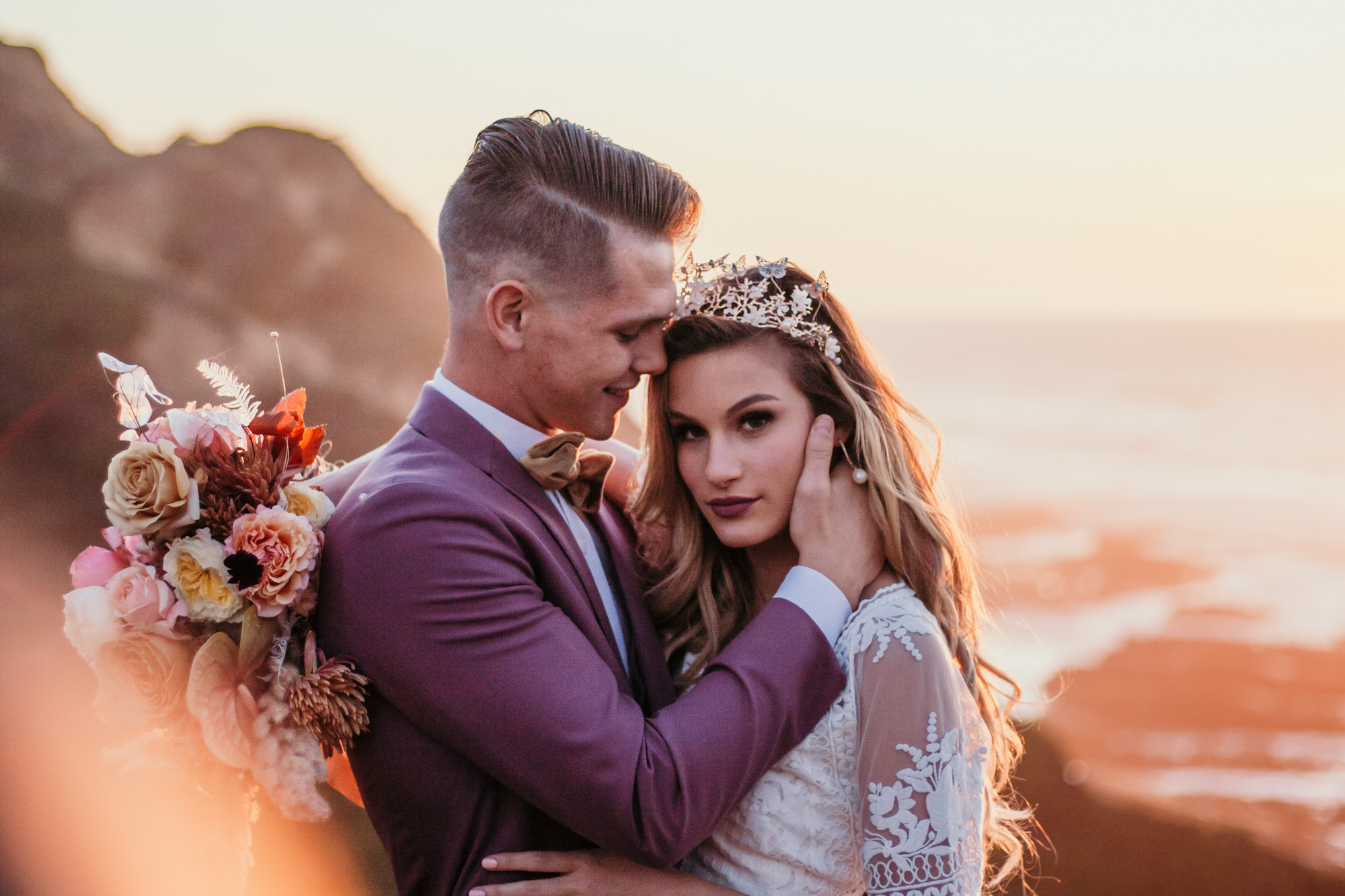 San Luis Obispo beach elopement Big Sur elopement San Luis Obispo boho bride and groom best San Luis Obispo outdoor elopement location California beach elopement boho wedding dress Inspo California dream elopement location boho suit for groom boho wedding bouquet best San Luis Obispo elopement location bridal tiara SLO elopement Rachel Christopherson photography 