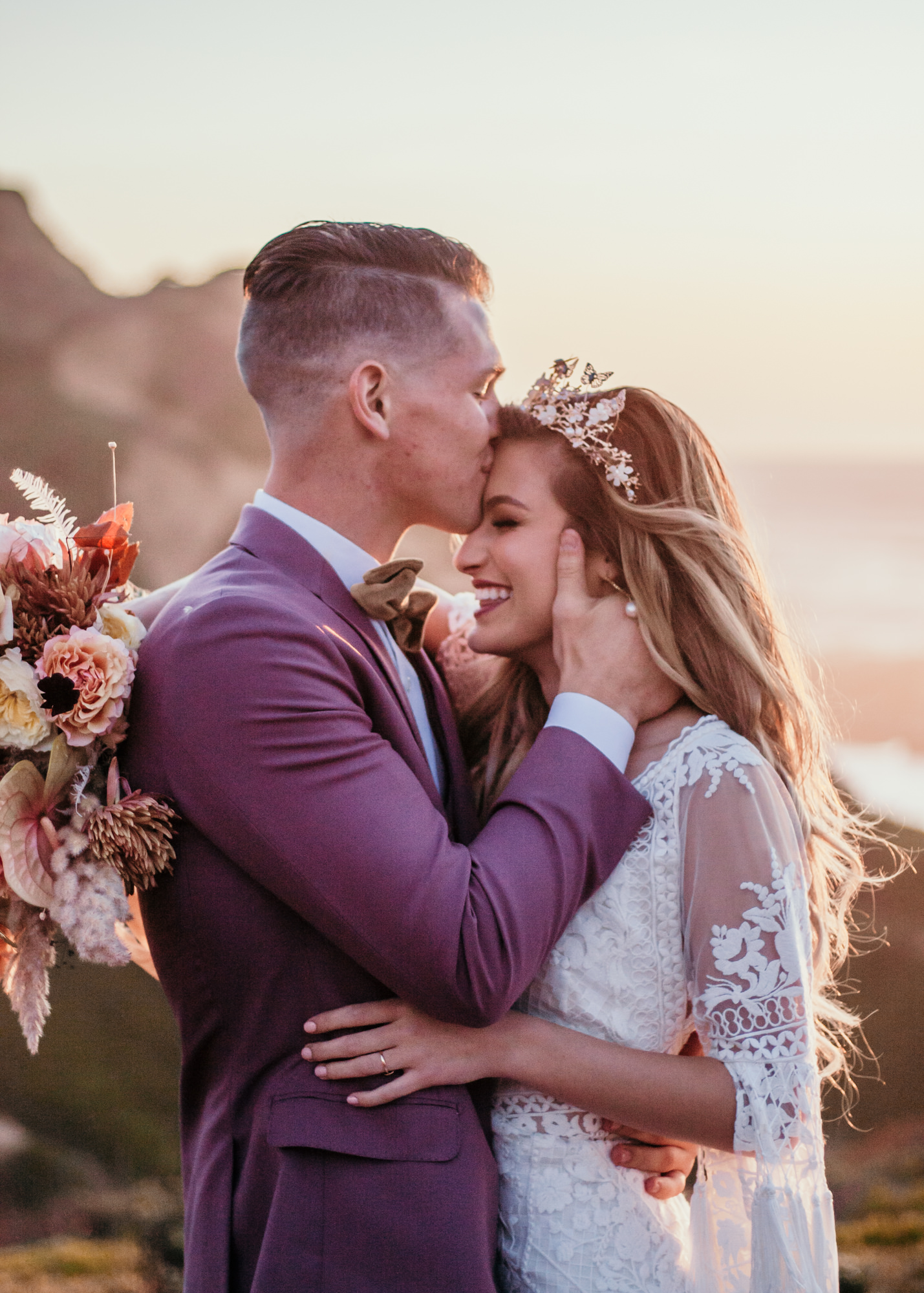 San Luis Obispo beach elopement Big Sur elopement San Luis Obispo boho bride and groom best San Luis Obispo outdoor elopement location California beach elopement boho wedding dress Inspo California dream elopement location boho suit for groom boho wedding bouquet best San Luis Obispo elopement location bridal tiara SLO elopement Rachel Christopherson photography 