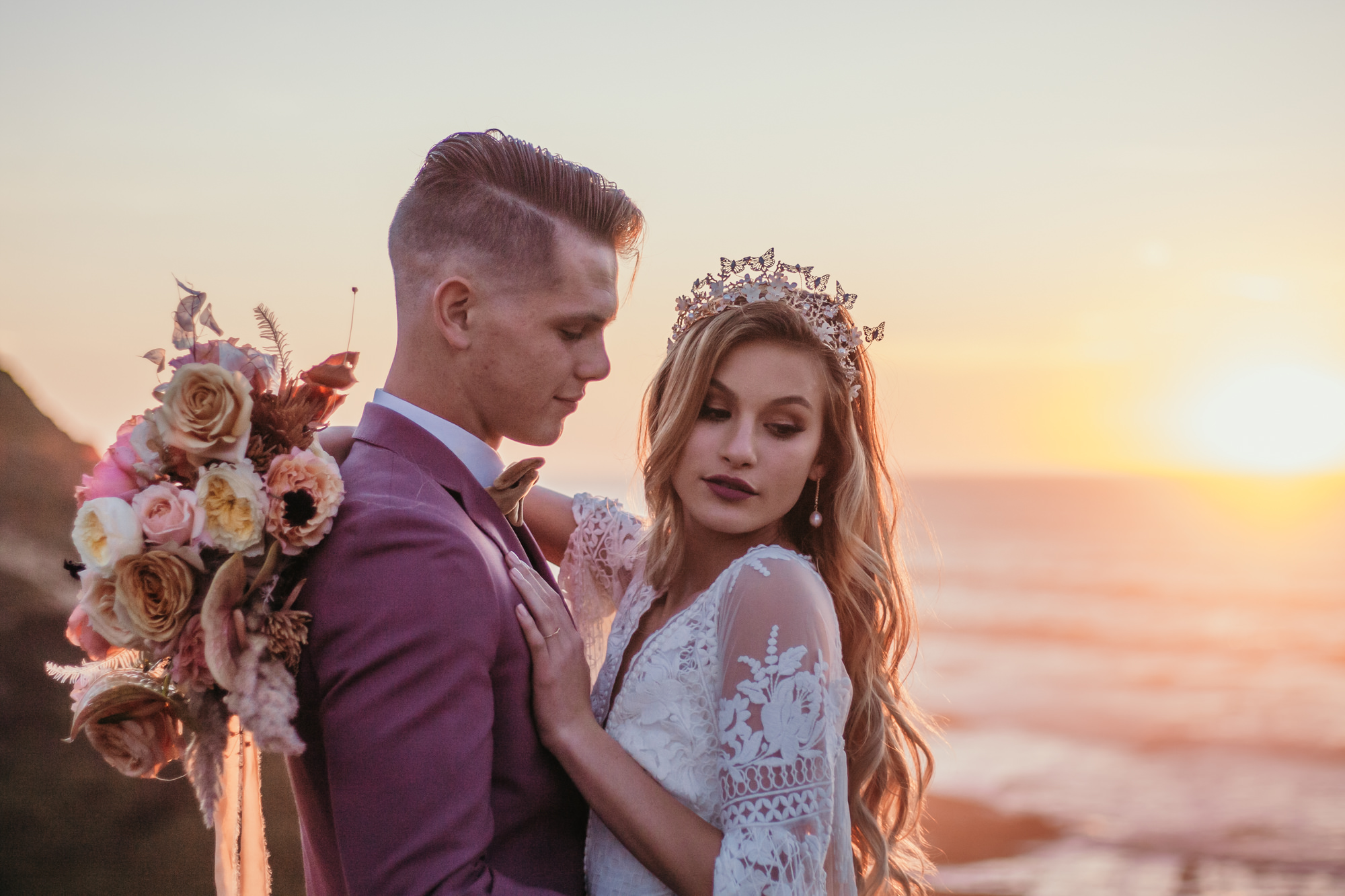 San Luis Obispo beach elopement Big Sur elopement San Luis Obispo boho bride and groom best San Luis Obispo outdoor elopement location California beach elopement boho wedding dress Inspo California dream elopement location boho suit for groom boho wedding bouquet best San Luis Obispo elopement location bridal tiara SLO elopement Rachel Christopherson photography 