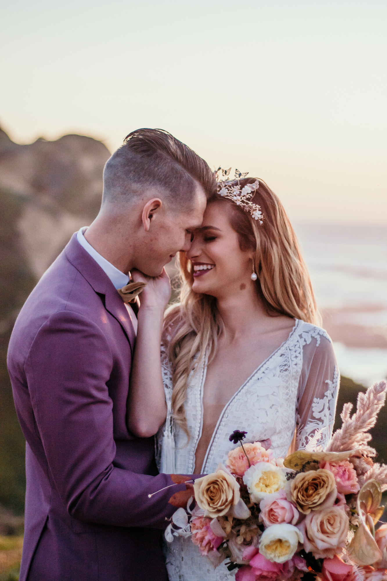 San Luis Obispo beach elopement Big Sur elopement San Luis Obispo boho bride and groom best San Luis Obispo outdoor elopement location California beach elopement boho wedding dress Inspo California dream elopement location boho suit for groom boho wedding bouquet best San Luis Obispo elopement location bridal tiara SLO elopement Rachel Christopherson photography 