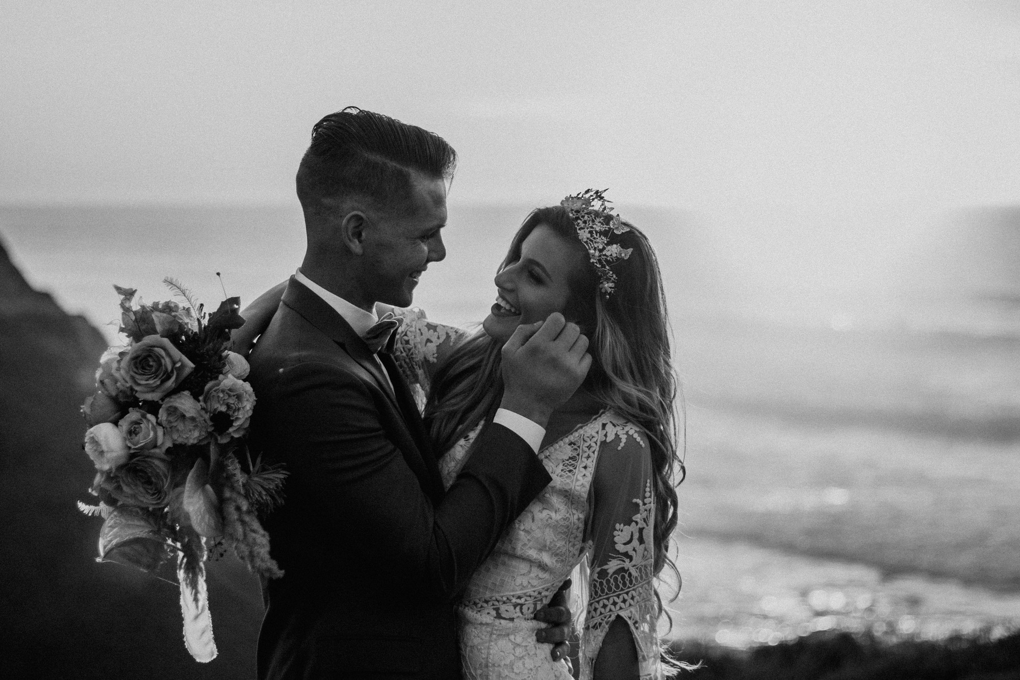 San Luis Obispo beach elopement Big Sur elopement San Luis Obispo boho bride and groom best San Luis Obispo outdoor elopement location California beach elopement boho wedding dress Inspo California dream elopement location boho suit for groom boho wedding bouquet best San Luis Obispo elopement location bridal tiara SLO elopement Rachel Christopherson photography black and white