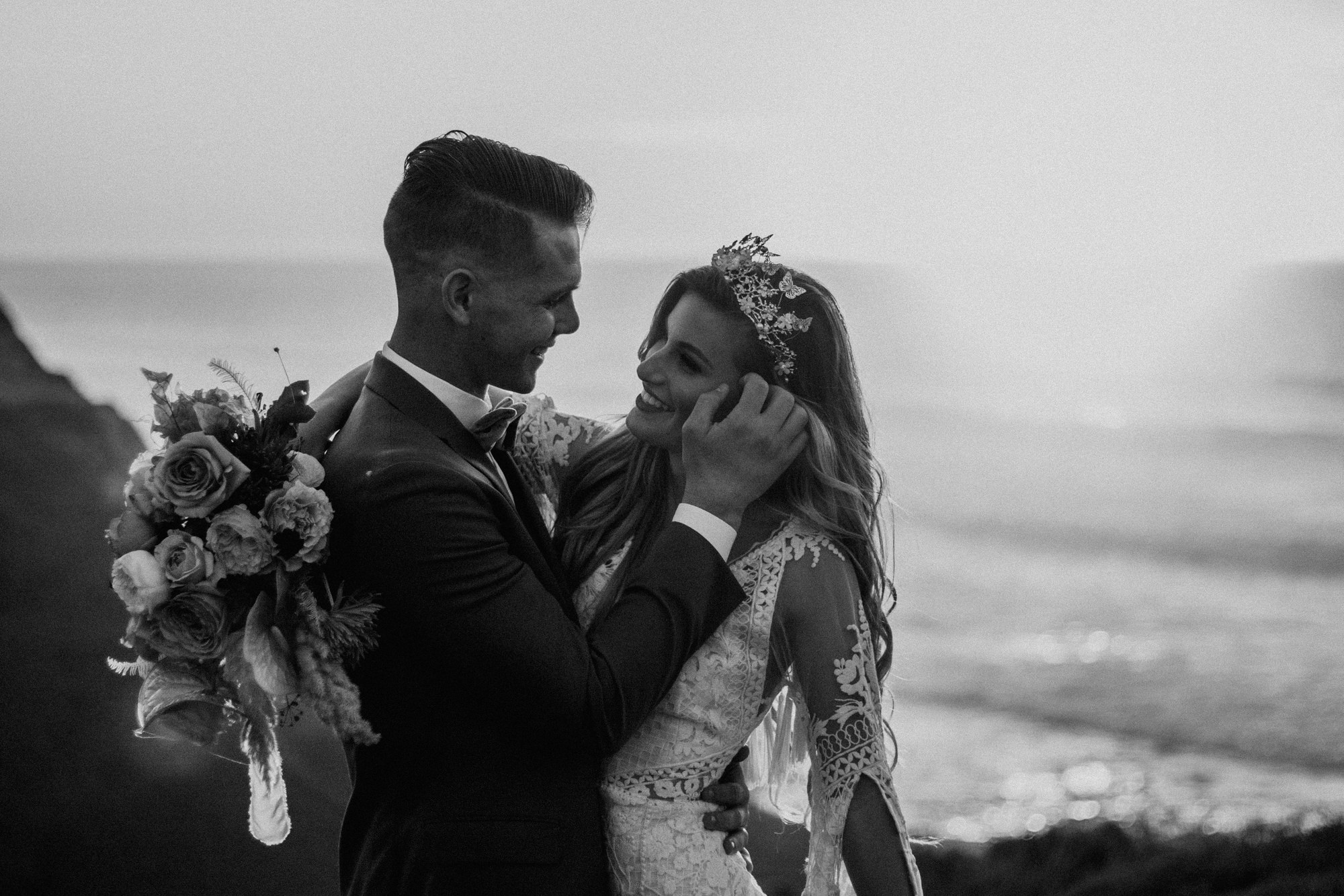 San Luis Obispo beach elopement Big Sur elopement San Luis Obispo boho bride and groom best San Luis Obispo outdoor elopement location California beach elopement boho wedding dress Inspo California dream elopement location boho suit for groom boho wedding bouquet best San Luis Obispo elopement location bridal tiara SLO elopement Rachel Christopherson photography black and white