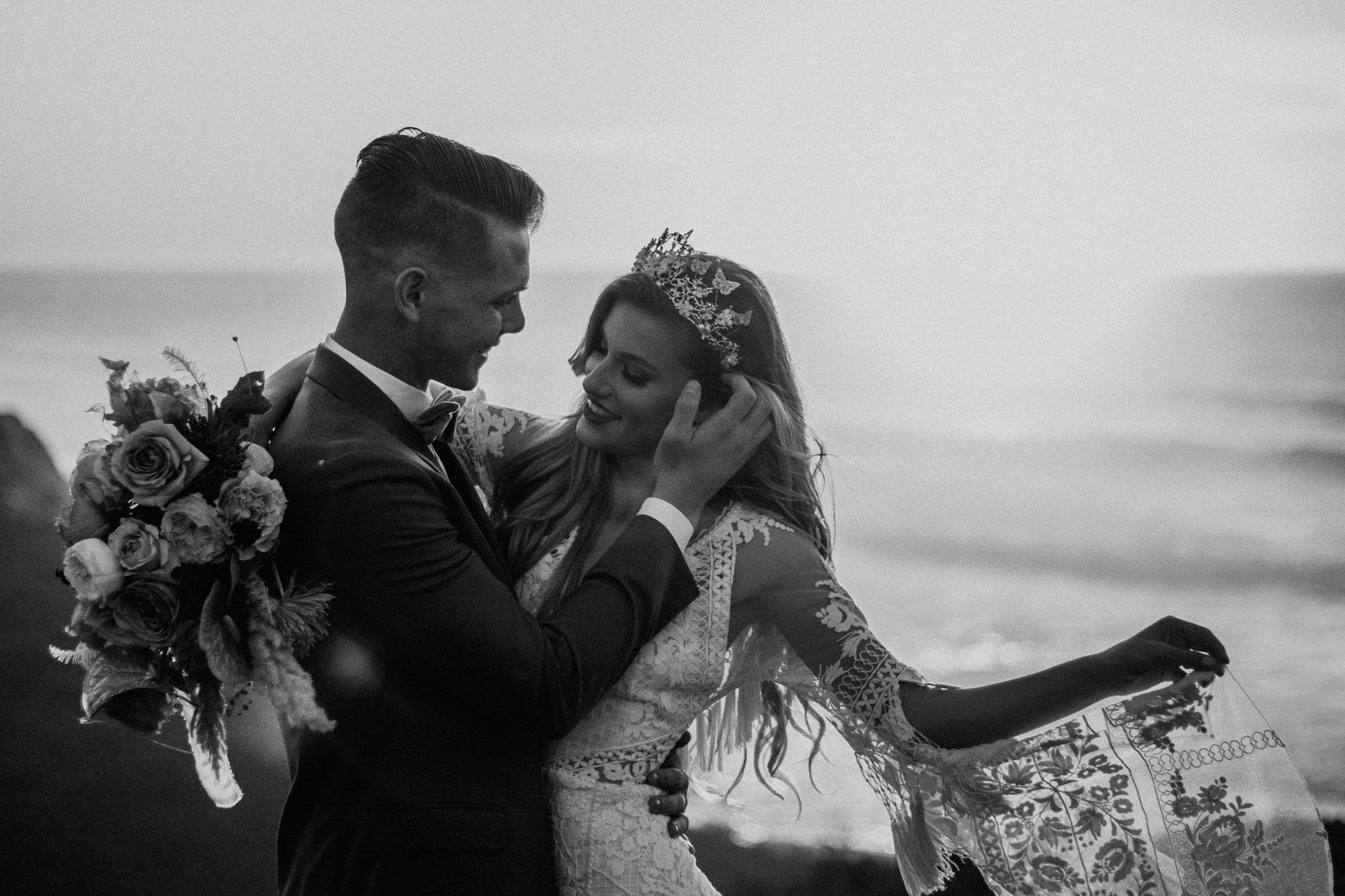 San Luis Obispo beach elopement Big Sur elopement San Luis Obispo boho bride and groom best San Luis Obispo outdoor elopement location California beach elopement boho wedding dress Inspo California dream elopement location boho suit for groom boho wedding bouquet best San Luis Obispo elopement location bridal tiara SLO elopement Rachel Christopherson photography black and white