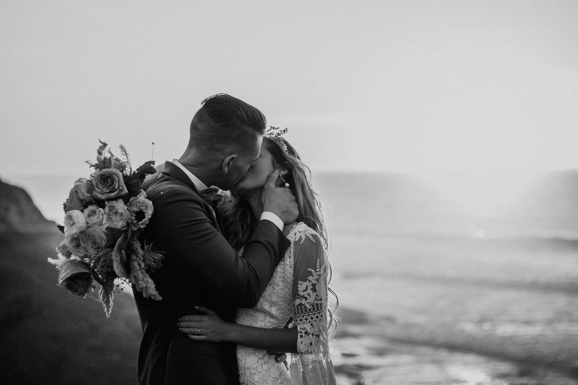 San Luis Obispo beach elopement Big Sur elopement San Luis Obispo boho bride and groom best San Luis Obispo outdoor elopement location California beach elopement boho wedding dress Inspo California dream elopement location boho suit for groom boho wedding bouquet best San Luis Obispo elopement location bridal tiara SLO elopement Rachel Christopherson photography black and white