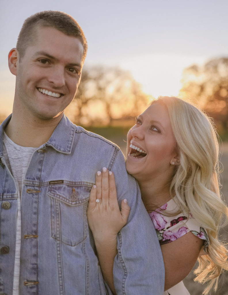 Rachel Christopherson Sacramento California Engagement Close Up Sunset Bride look at groom laugh