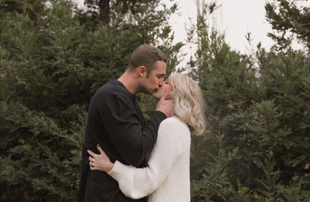 Rachel Christopherson Sacramento Fall Winter Engagement Session Pine Trees Kiss