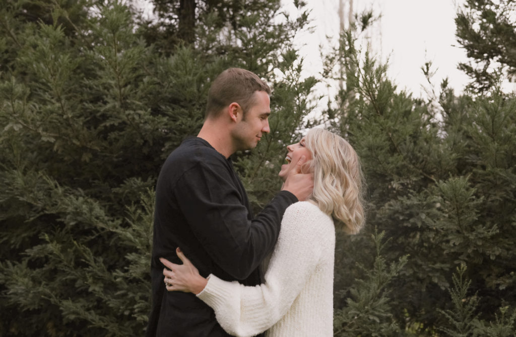 Rachel Christopherson Sacramento Fall Winter Engagement Session Pine Trees Giggles Kiss