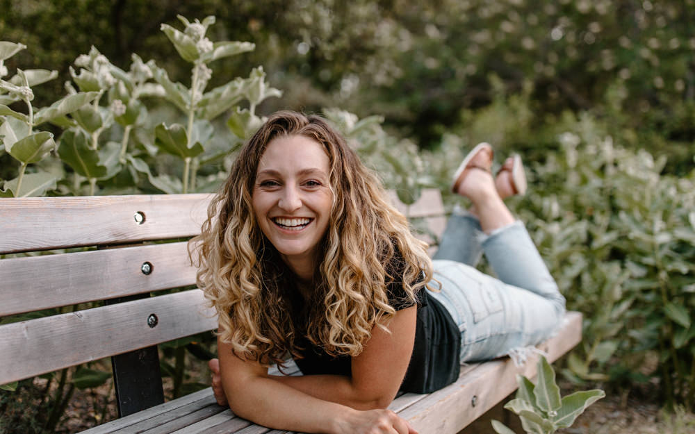 UC Davis Arboretum Portrait Session Sacramento portrait session garden shoot curly hair photos portrait shoot outfit inspo lifestyle photoshoot Sacramento headshot curly hair headshot bench pose Rachel Christopherson photography 