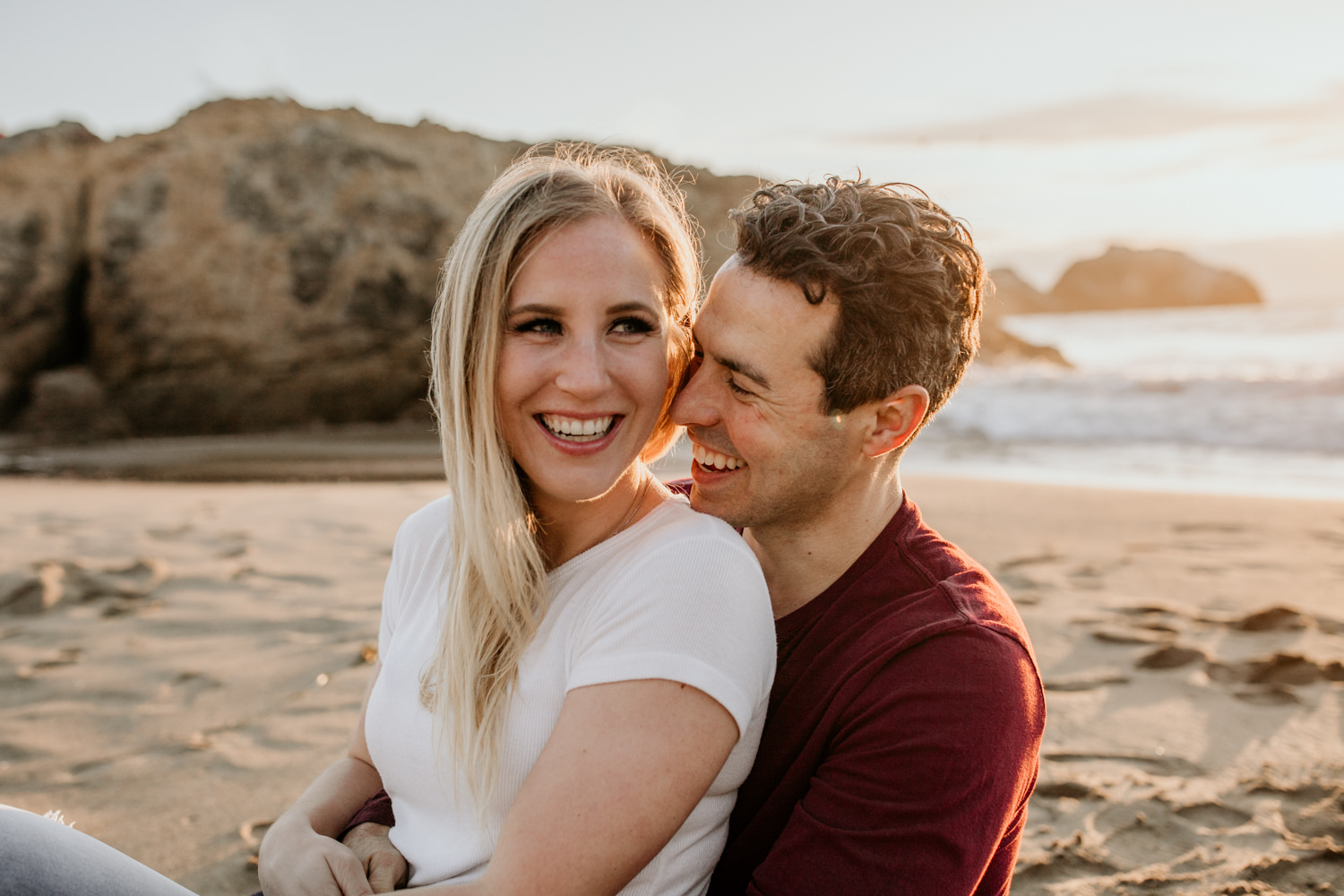 San Francisco engagement session Lands End engagement photos golden hour photos sunset ocean photos couples posing inspo engagement session outfit Inspo free spirit engagement photos wild and laughing engagement session bay area bride Rachel christopherson Photography
