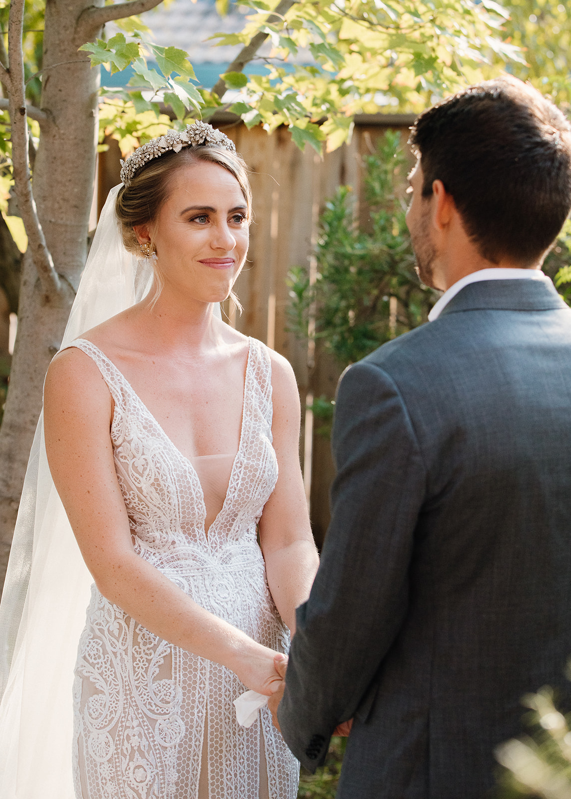 Bride looking at groom / Micro wedding / backyard wedding inspo / backyard wedding / intimate wedding / backyard micro wedding backyard elopement /sacramento micro wedding photography / norcal elopement / backyard garden wedding / garden micro wedding / boho backyard wedding / california micro wedding / norcal micro wedding / sacramento micro wedding / california elopement / sacramento wedding photographer 
