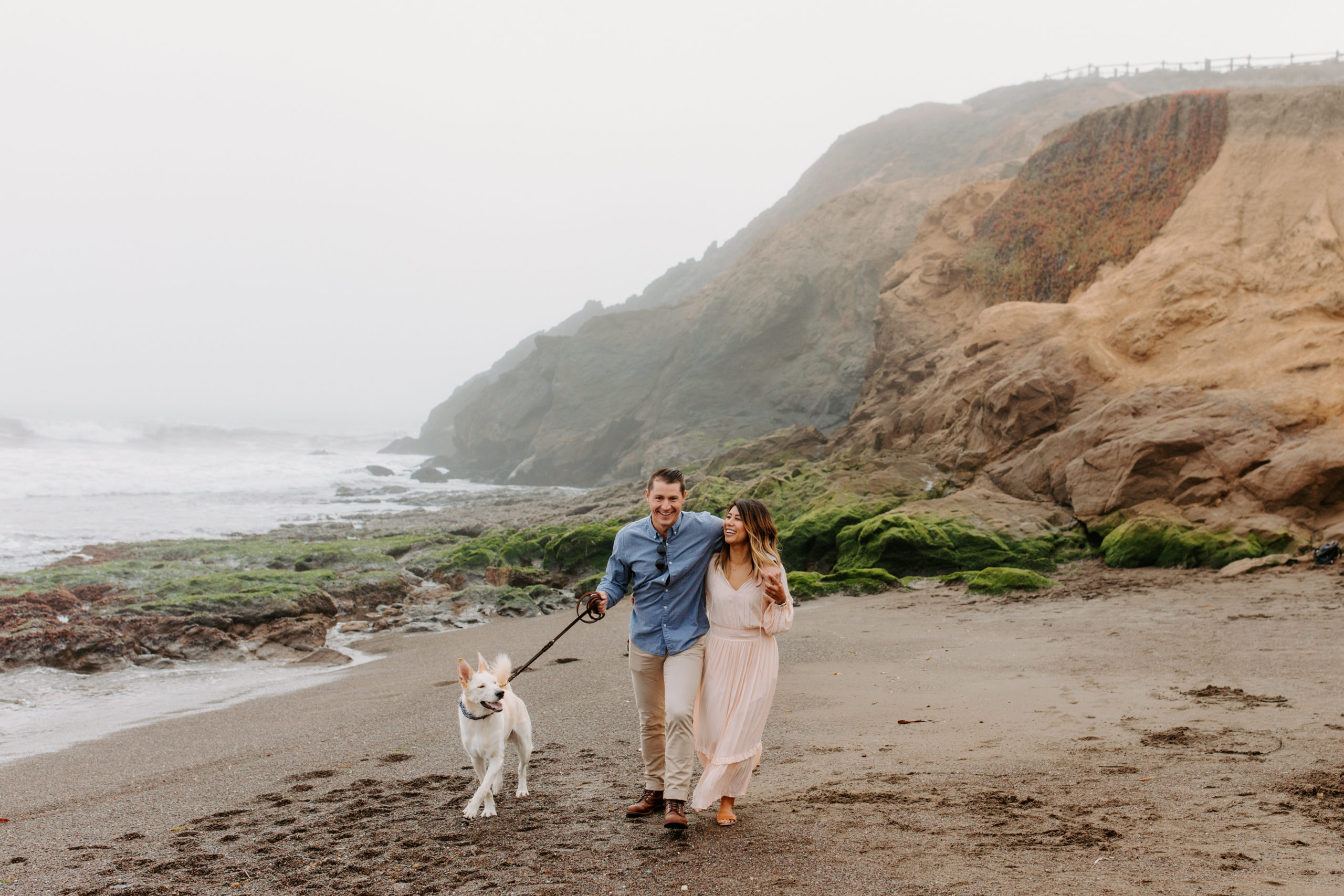 couple on SF beach with dog, Marin Headlands Engagement Photos, Bay Area Engagement Photos, Bay Area Engagement Photo Locations, Engagement Photo Outfits, Bay Area Beach Engagement Photos, Dog Friendly Bay Area Beaches, Best Locations for Bay Area Engagement Photos, San Francisco Engagement Photos, What to Wear for Engagement Photos, Engagement Photos with dogs, Rachel Christopherson Photography LLC