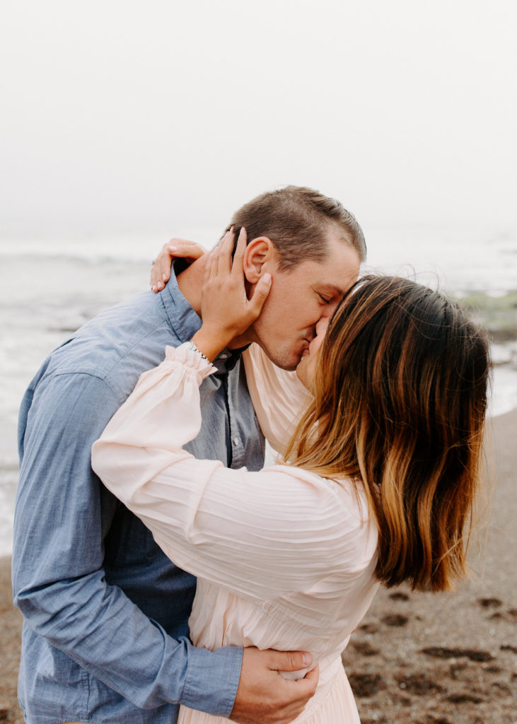 Close up of couple kissing on beach, Marin Headlands Engagement Photos, Bay Area Engagement Photos, Bay Area Engagement Photo Locations, Engagement Photo Outfits, Bay Area Beach Engagement Photos, Dog Friendly Bay Area Beaches, Best Locations for Bay Area Engagement Photos, San Francisco Engagement Photos, What to Wear for Engagement Photos, Engagement Photos with dogs, Rachel Christopherson Photography LLC