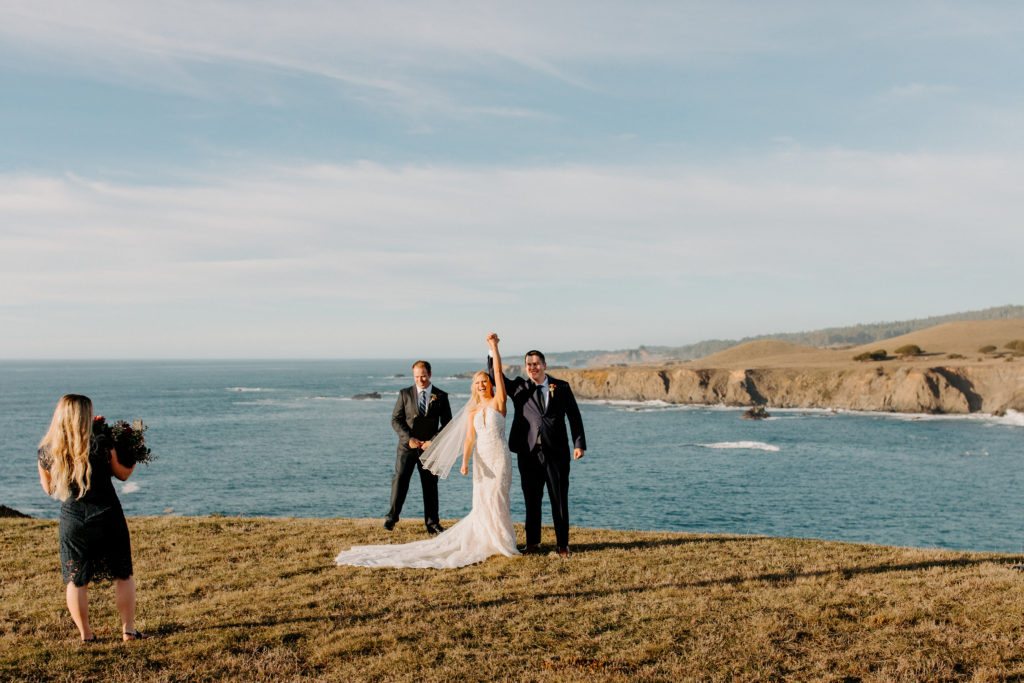 bride and groom cheering end of ceremony, Mendocino elopement, mendocino wedding, christmas elopement, best places to elope in california, norcal elopement, northern california elopement, elopement inspo, california coast elopement, mendocino california elopement, Rachel Christopherson Photography 