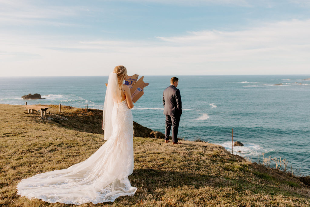 bride and groom first look, Mendocino elopement, mendocino wedding, christmas elopement, best places to elope in california, norcal elopement, northern california elopement, elopement inspo, california coast elopement, mendocino california elopement, Rachel Christopherson Photography 
