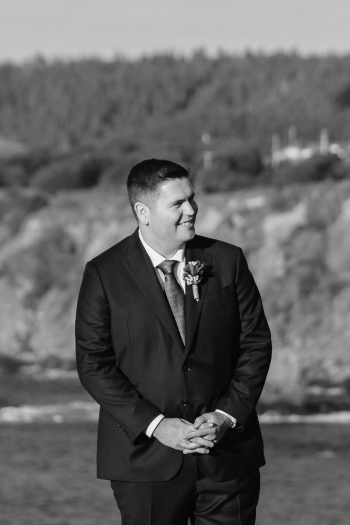 groom waiting at end of aisle, Mendocino elopement, mendocino wedding, christmas elopement, best places to elope in california, norcal elopement, northern california elopement, elopement inspo, california coast elopement, mendocino california elopement, Rachel Christopherson Photography 