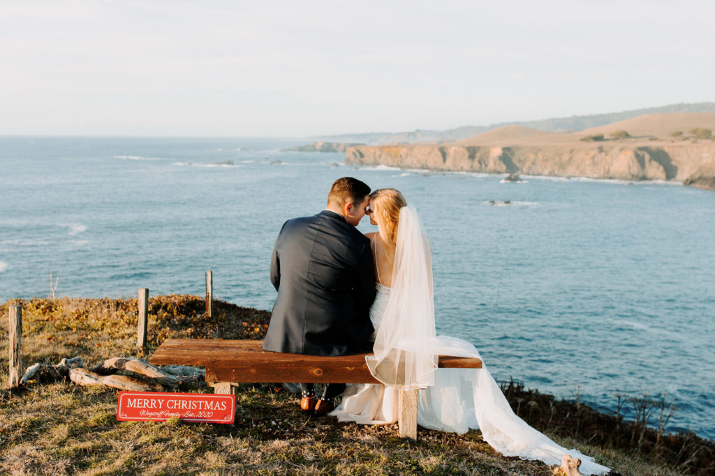 bride and groom looking at ocean, Mendocino elopement, mendocino wedding, christmas elopement, best places to elope in california, norcal elopement, northern california elopement, elopement inspo, california coast elopement, mendocino california elopement, Rachel Christopherson Photography 
