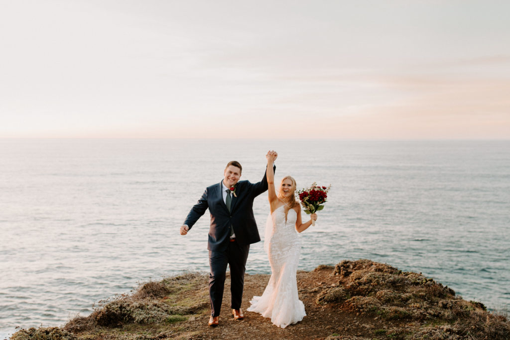 bride and groom celebrating at ocean, Mendocino elopement, mendocino wedding, christmas elopement, best places to elope in california, norcal elopement, northern california elopement, elopement inspo, california coast elopement, mendocino california elopement, Rachel Christopherson Photography 
