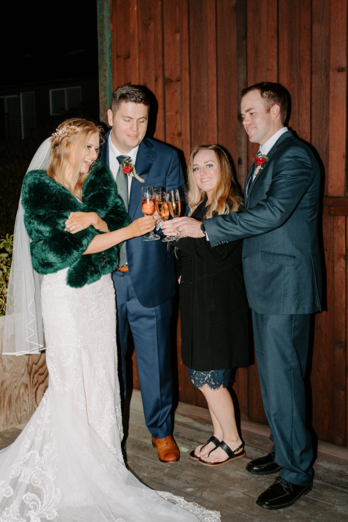 christmas elopement, winter elopement, glamorous bride, bridal coat, winter wedding dress, winter wedding fur shawl, winter wedding fur shawl wraps, champagne toast, best places to elope in california, norcal elopement, northern california elopement, elopement inspo, california coast elopement, Rachel Christopherson Photography