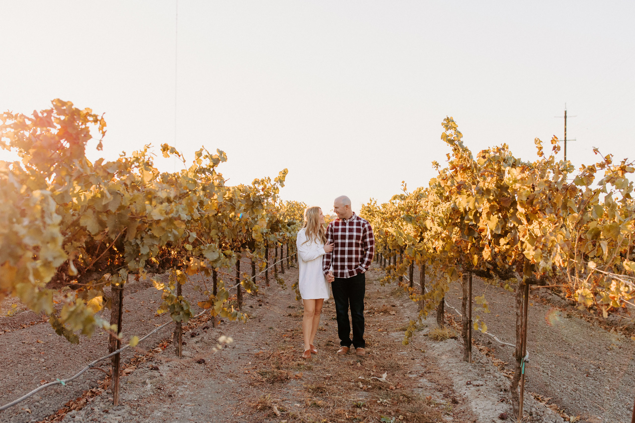 couple walking through golden vineyard, vineyard engagement photos, couple piggy back ride in front of rustic building, Sacramento engagement photos, sacramento engagement, sacramento engagement photographer sacramento engagement photo locations, sacramento wedding photographer, rachel christopherson photography, engagement photo outfit inspo