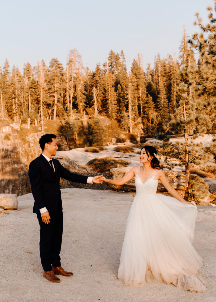 bride and groom twirling sunset photos, Taft Point elopement, Yosemite Elopement, Glacier Point Elopement, best places to elope in california, northern california elopement, Rachel Christopherson Photography