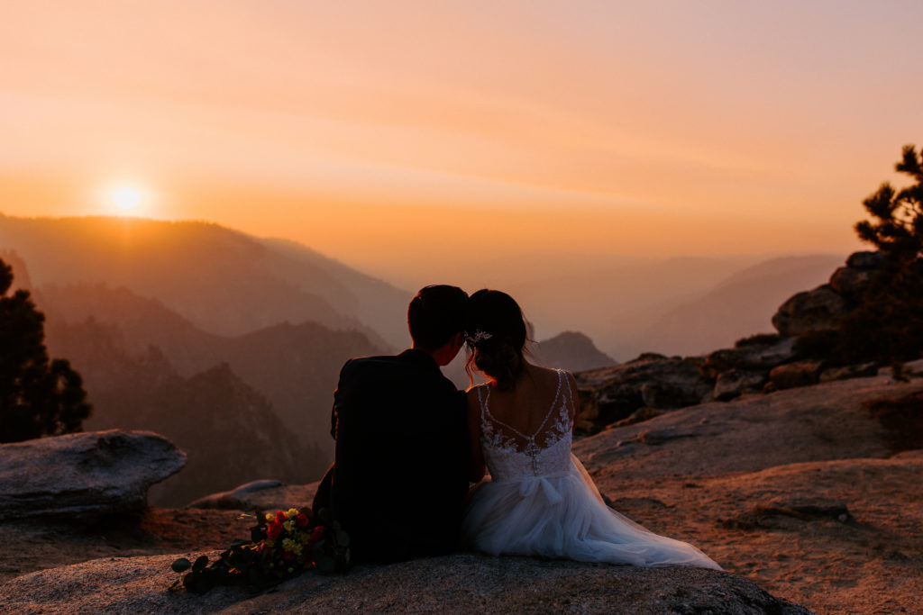 groom and bride looking at sunset, Taft Point elopement, Yosemite Elopement, Glacier Point Elopement, best places to elope in california, northern california elopement, Rachel Christopherson Photography